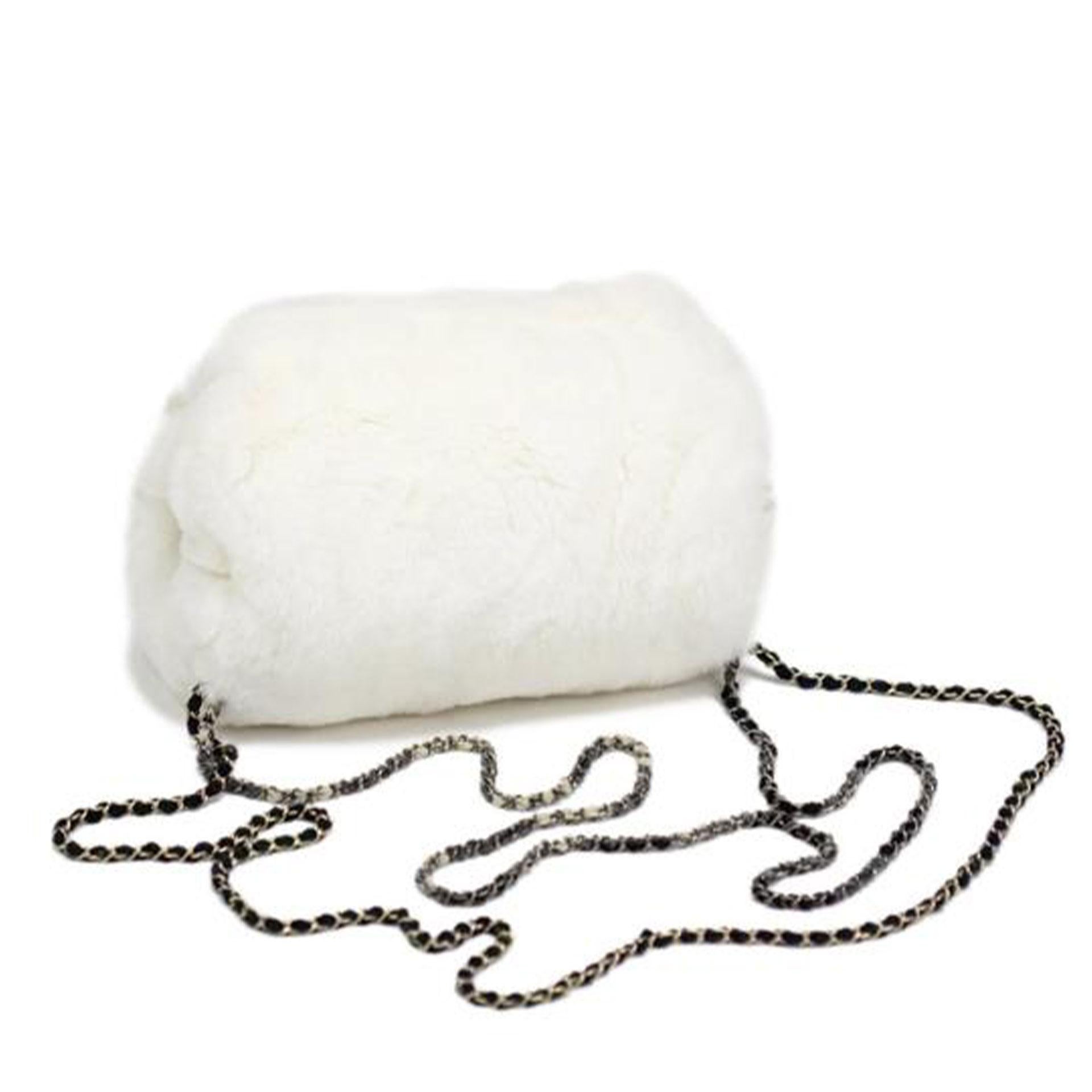Chanel White Fur Chain Vintage Muff Crossbody Tote For Sale 2