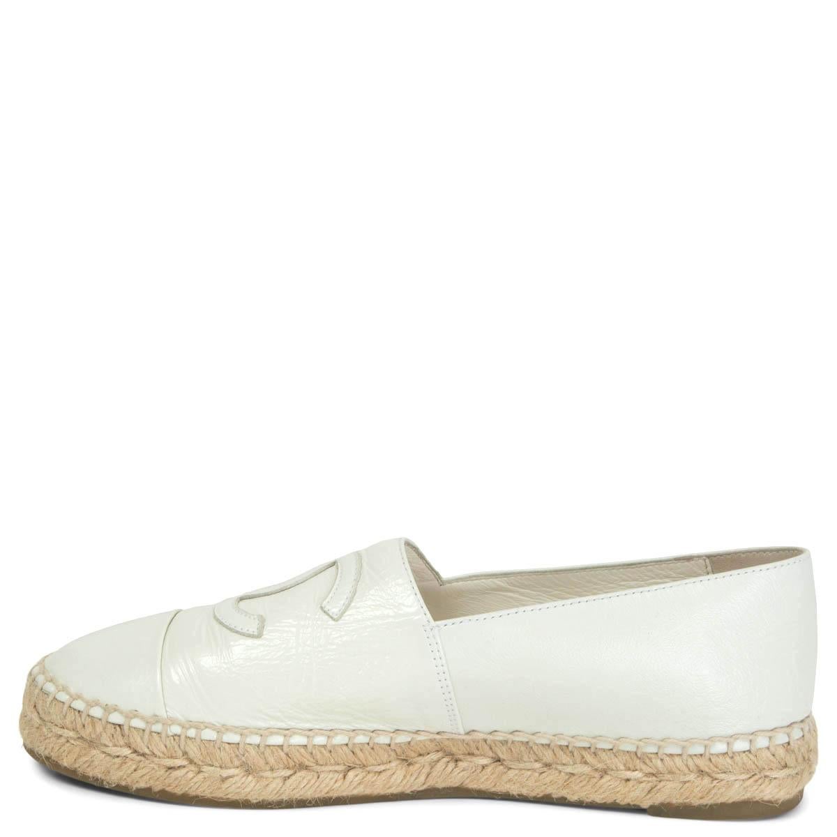 White CHANEL white glazed leather CC ESPADRILLES Flats Shoes 37
