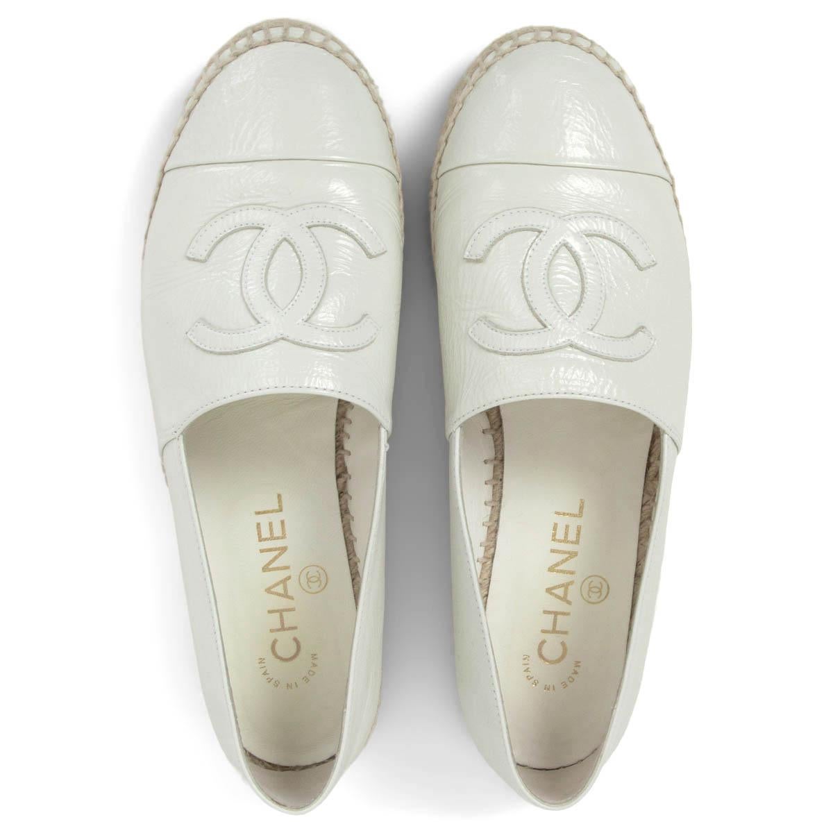 CHANEL white glazed leather CC ESPADRILLES Flats Shoes 37 1