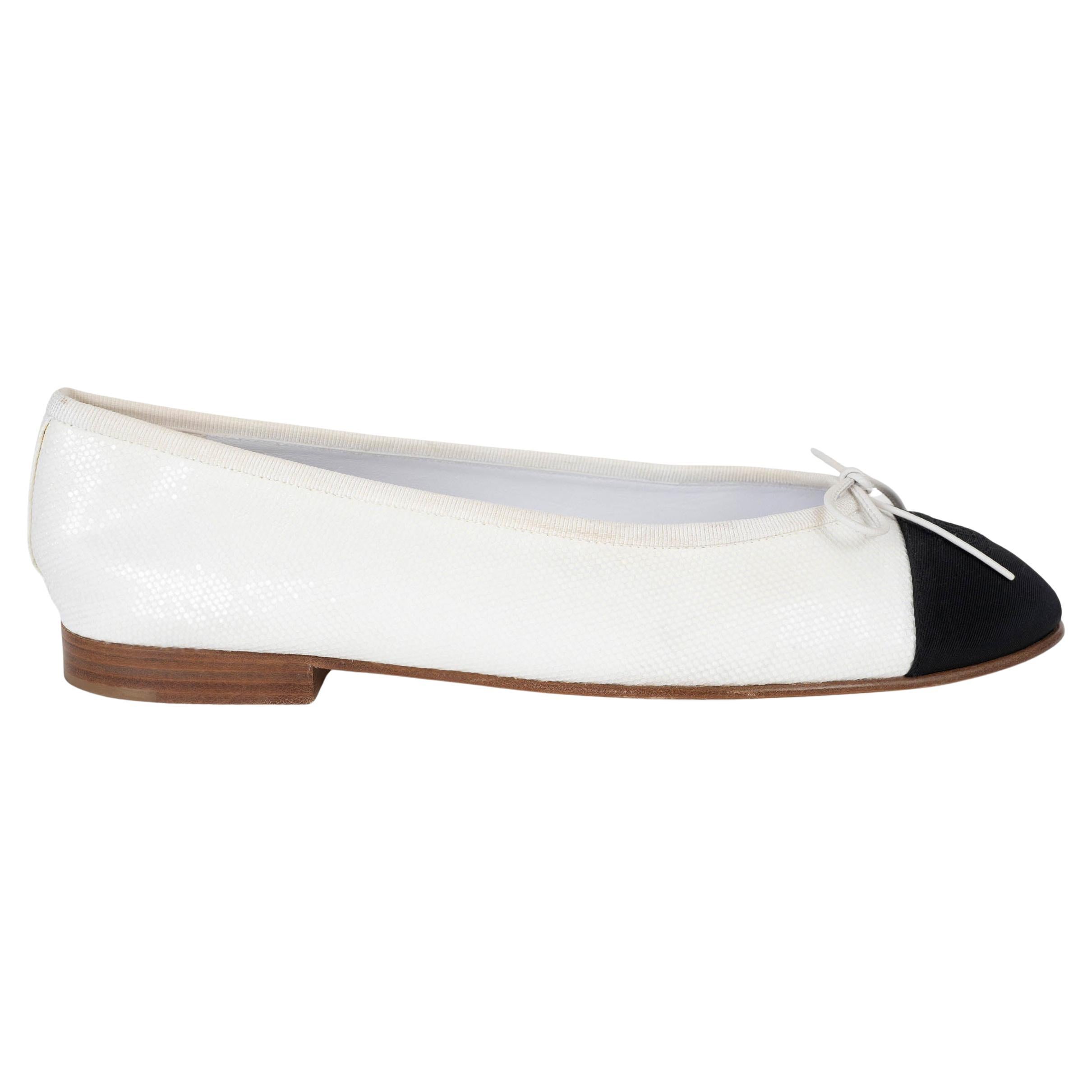CHANEL white glitter fabric CLASSIC BALLET Flats Shoes 39