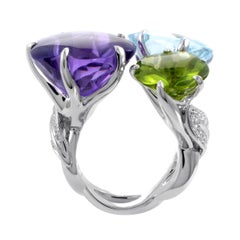 Chanel White Gold Diamond and Triple Gemstone Flower Cocktail Ring