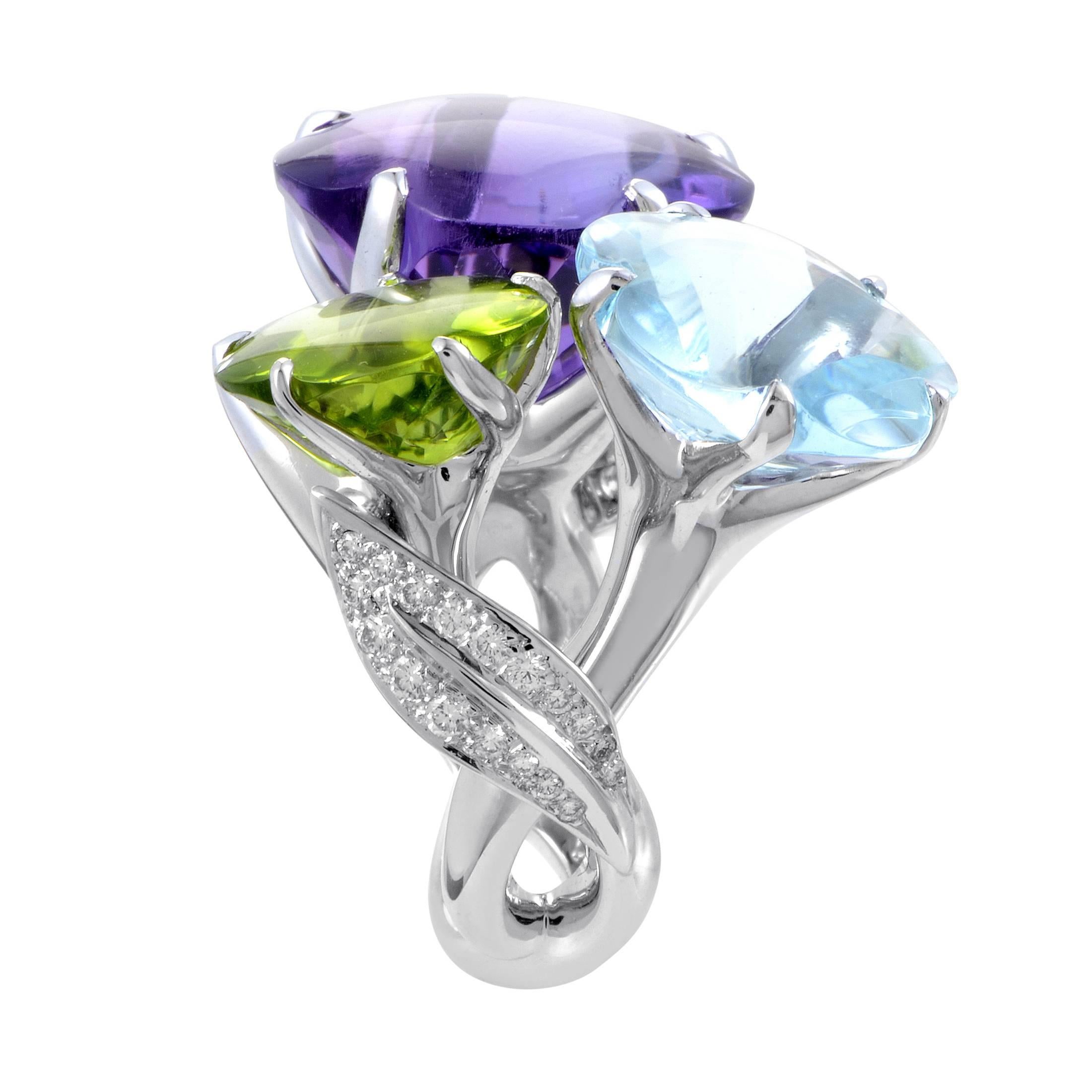 Chanel White Gold Diamond and Triple Gemstone Flower Cocktail Ring In Excellent Condition In Southampton, PA