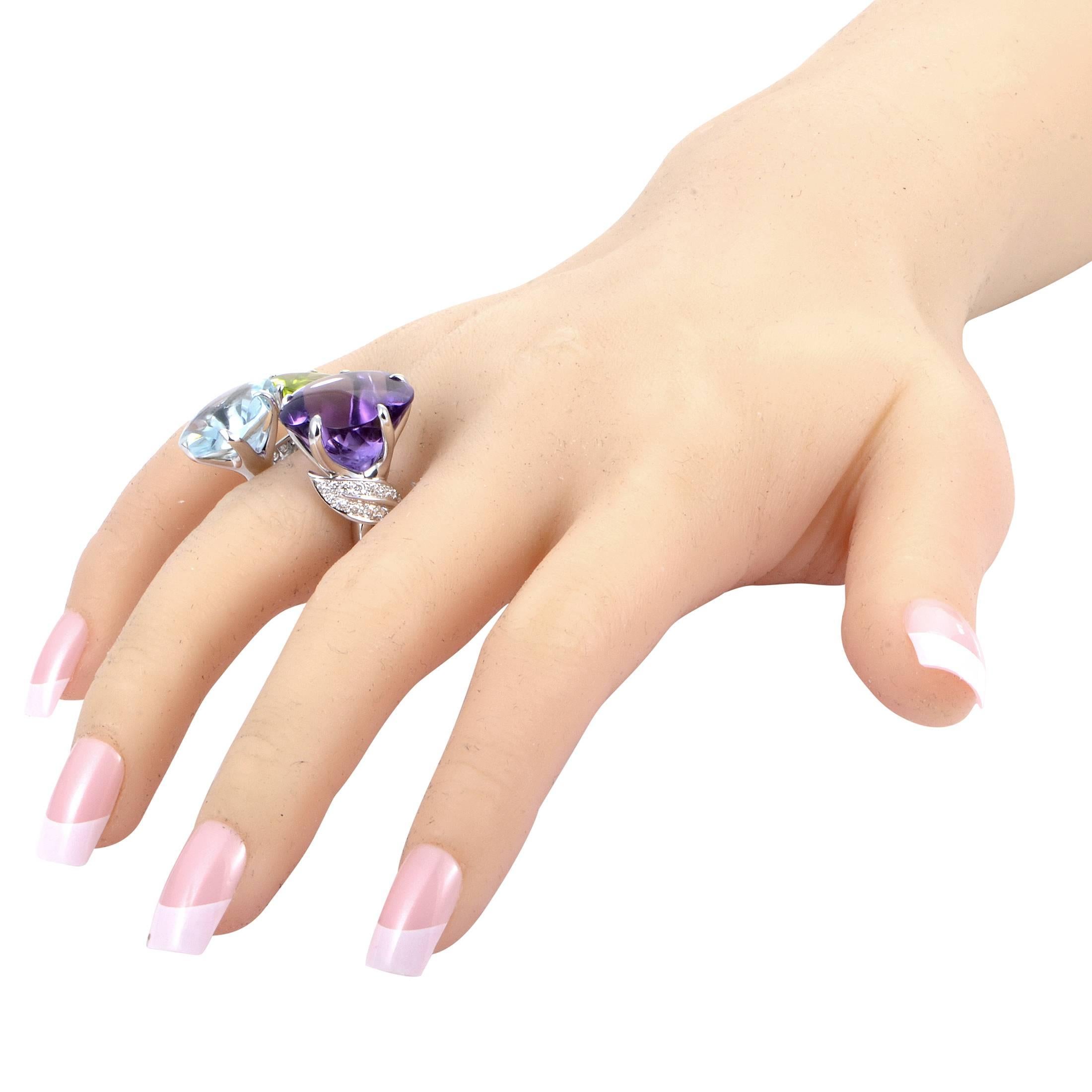 Women's Chanel White Gold Diamond and Triple Gemstone Flower Cocktail Ring