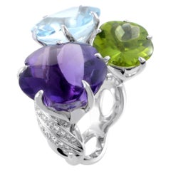 Chanel White Gold Diamond and Triple Gemstone Flower Cocktail Ring