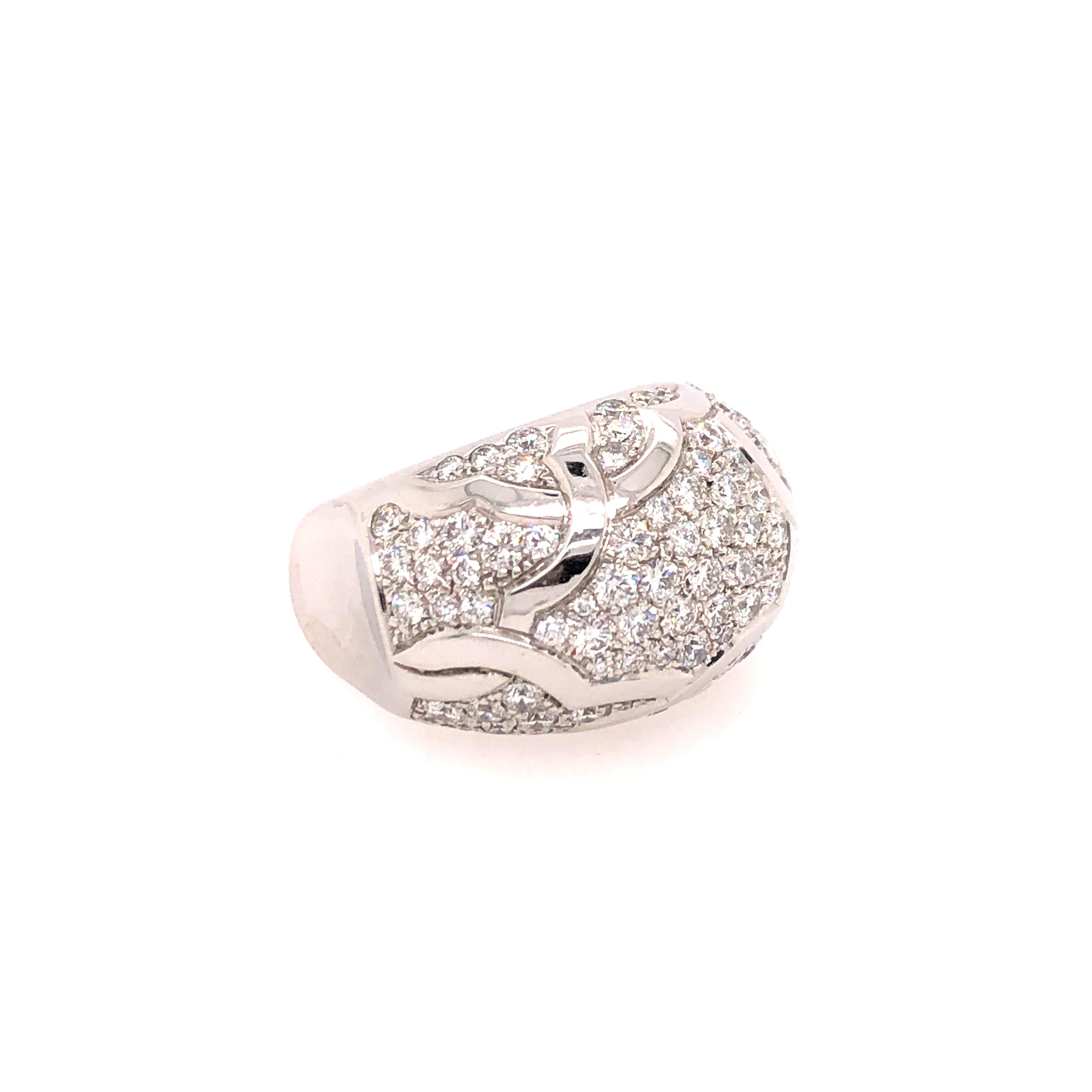 Big sparkle in a flower inspired design, Chanel has designed this ring to start conversations. 3.50CTS of fine white diamonds (quality e-f color and vs clarity) fill every corner of the domed floral design. 

Size: 5.5

From the Skibell Estate