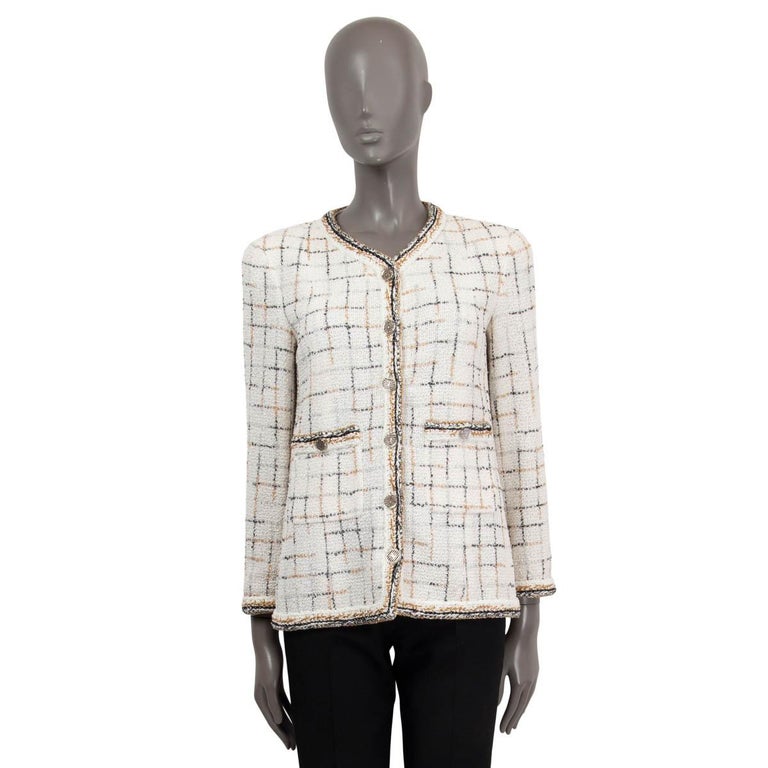 CHANEL white and gold nylon 2017 17S CHECK TWEED Jacket 36 XS at