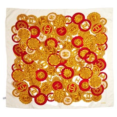Chanel WHITE, GOLD & RED SILK VINTAGE MEDALLION COIN CHAIN PRINT SCARF