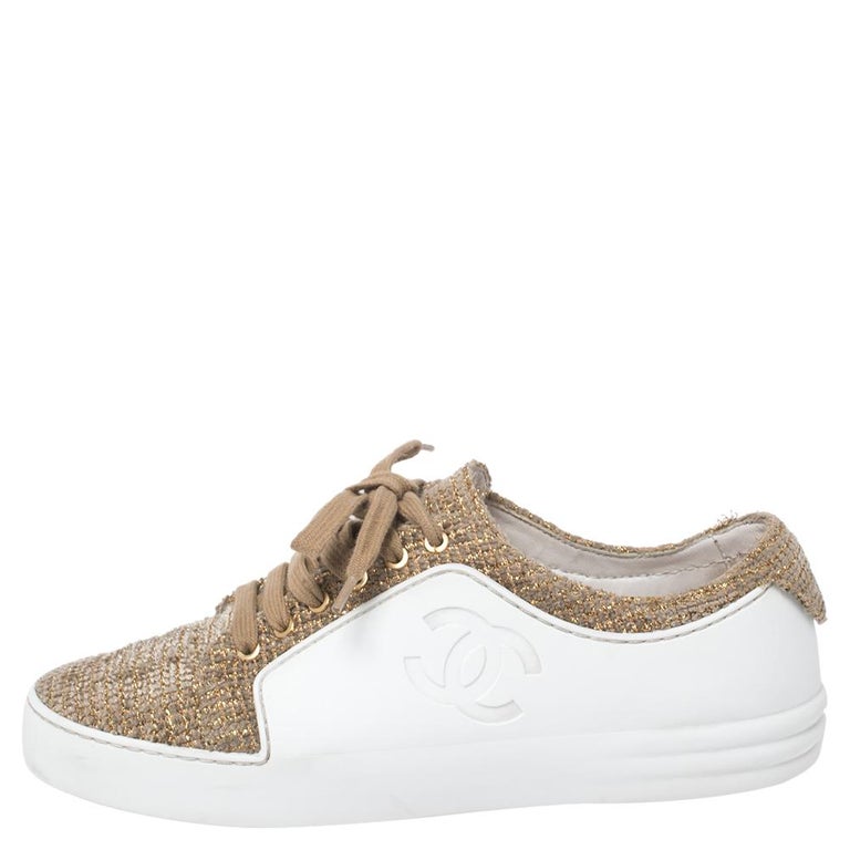 Chanel White/Gold Rubber And Tweed Fantasy Sneakers Size 37 at 1stDibs   chanel rubber shoes, white and gold chanel sneakers, chanel rubber shoes  white