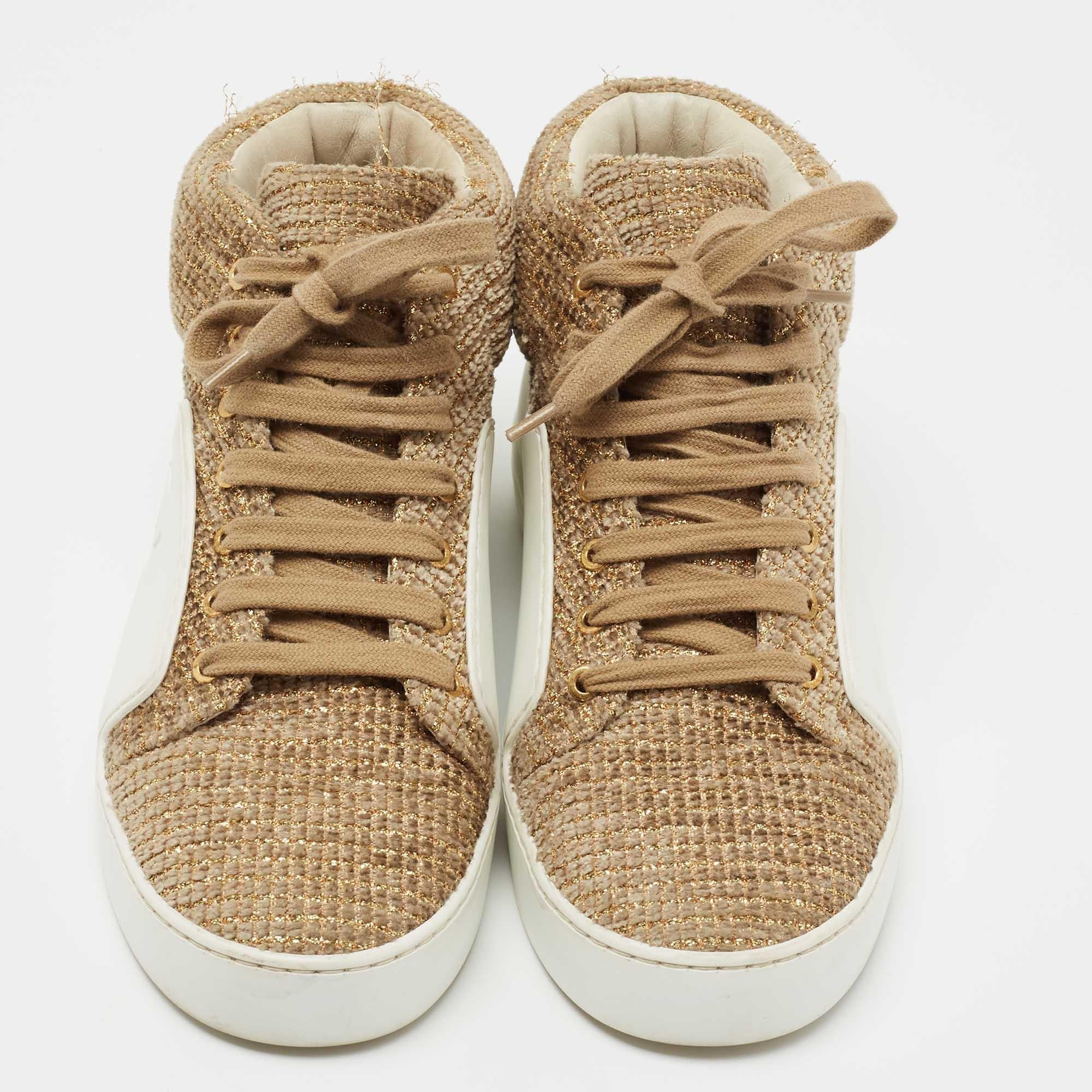 Chanel White/Gold Tweed and Leather CC High Top Sneakers Size 36.5 2