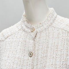 CHANEL white gold tweed boucle CC enamel button overshirt L