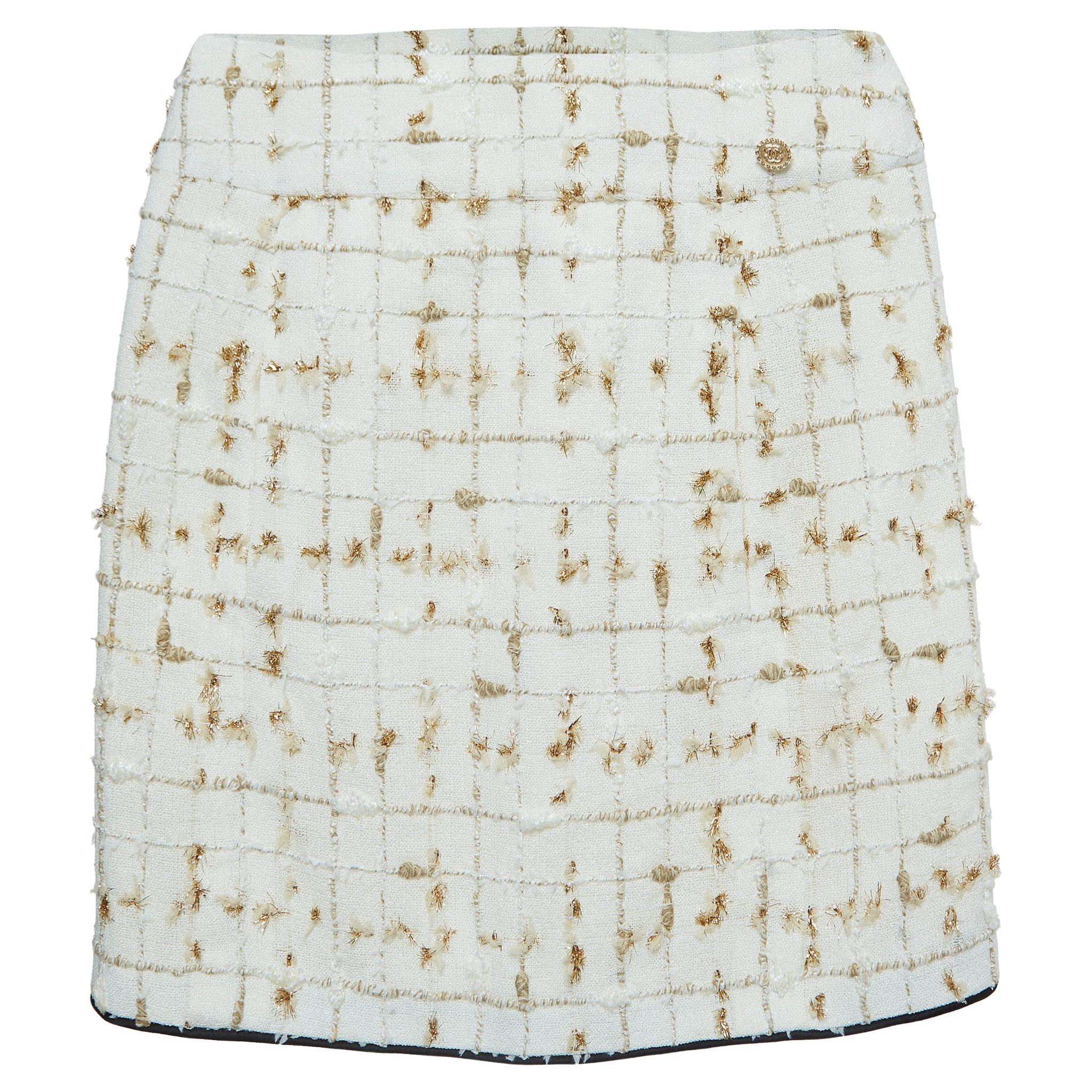 Chanel White/Gold Tweed Mini Skirt M