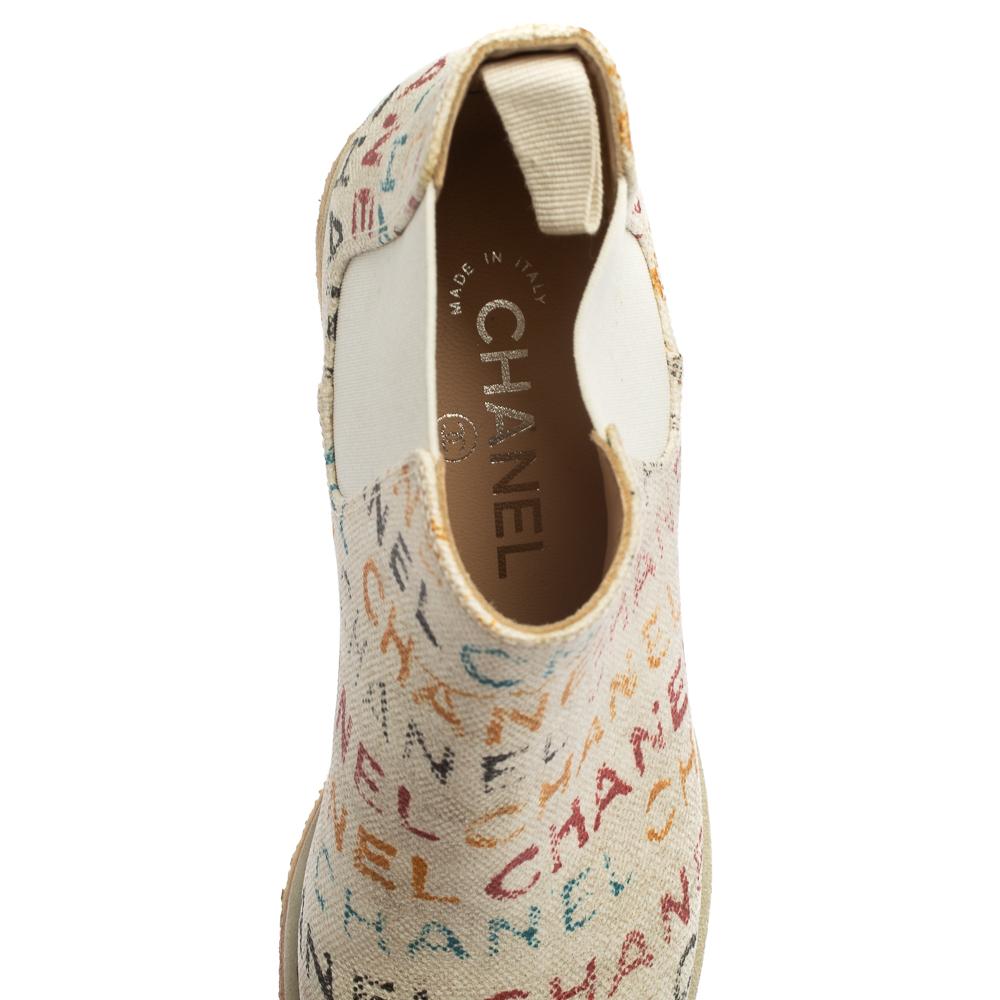 Women's Chanel White Graffiti Printed Canvas Chelsea Ankle Boots Size 37