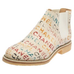 Chanel White Graffiti Printed Canvas Chelsea Ankle Boots Size 37