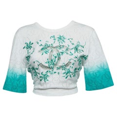 Chanel White/Green Ombre Cotton Knit Twisted Logo Cutout Crop Top S