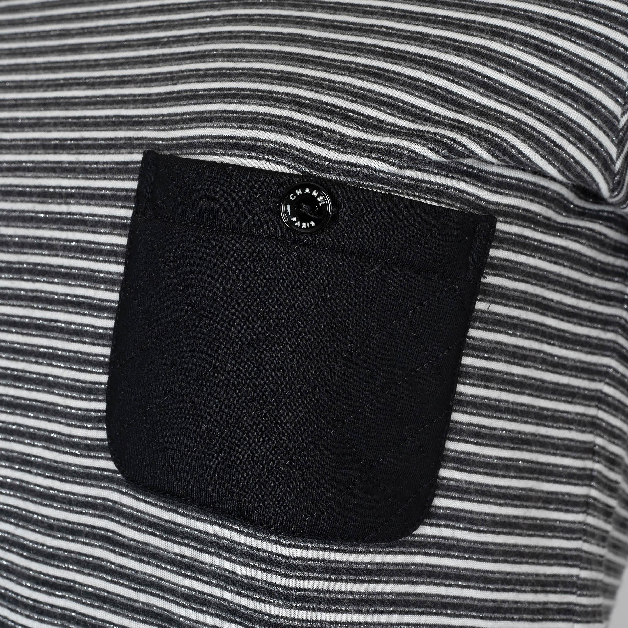 CHANEL white grey black cotton 03A STRIPED LUREX KNIT T-Shirt Shirt XS For Sale 1