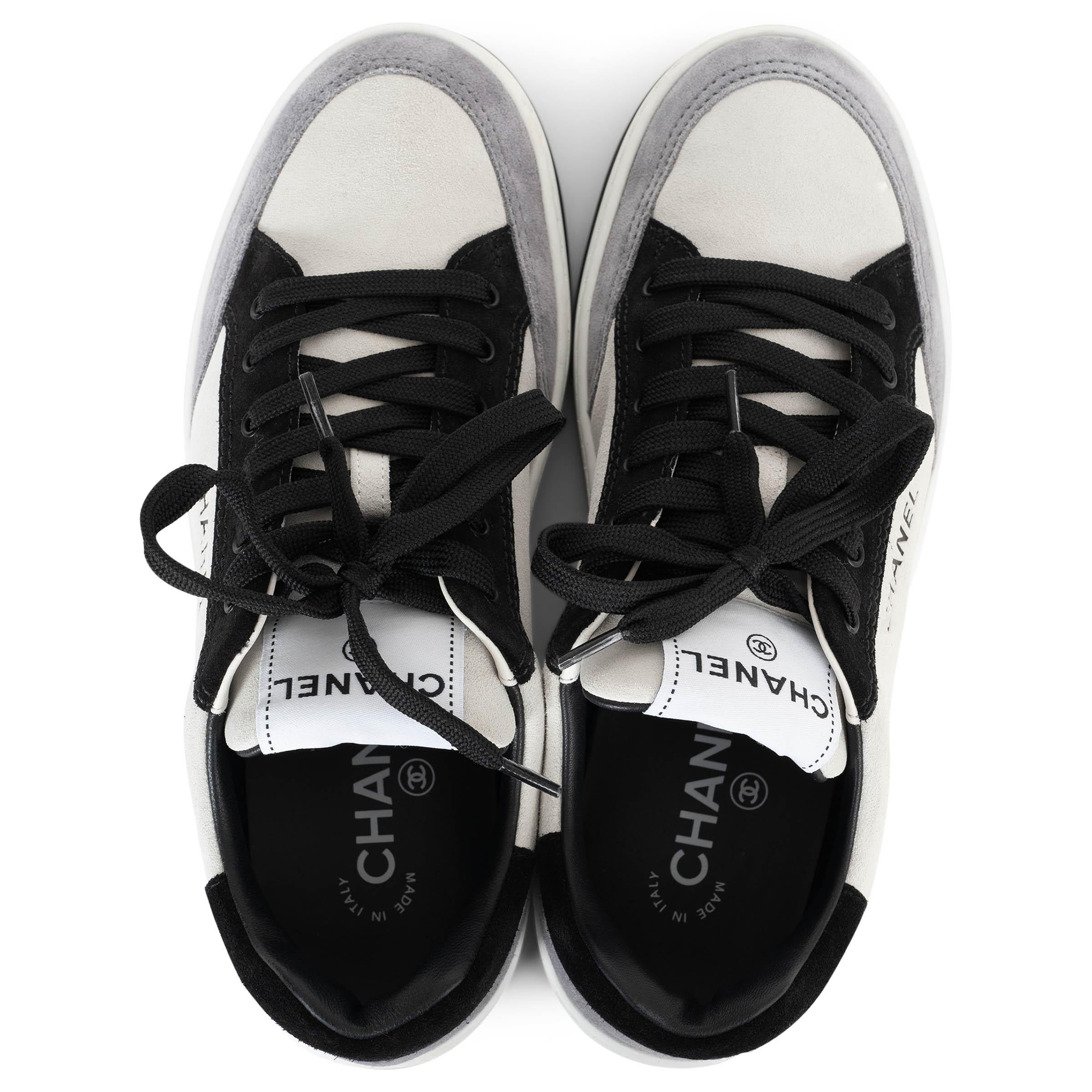 CHANEL white grey black suede 24S LOW TOP Sneakers Shoes 38 For Sale 1