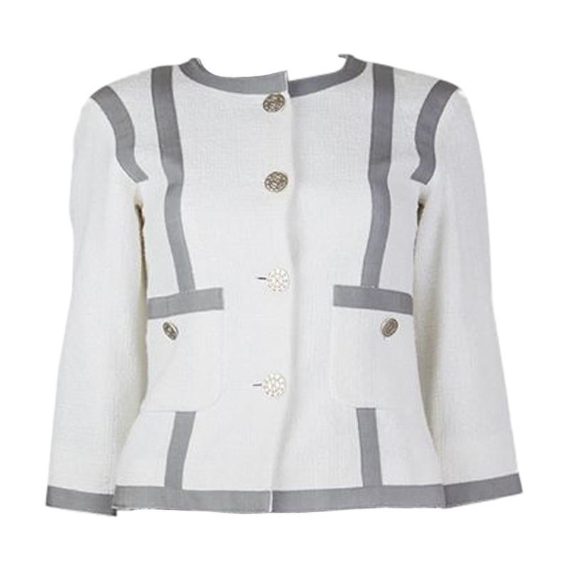 CHANEL white & grey cotton Tweed Collarless Blazer Jacket 34 XXS