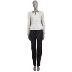CHANEL white grey lime cotton Tweed Collarless Blazer 38 XS