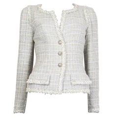 CHANEL white grey lime cotton Tweed Collarless Blazer 38 XS