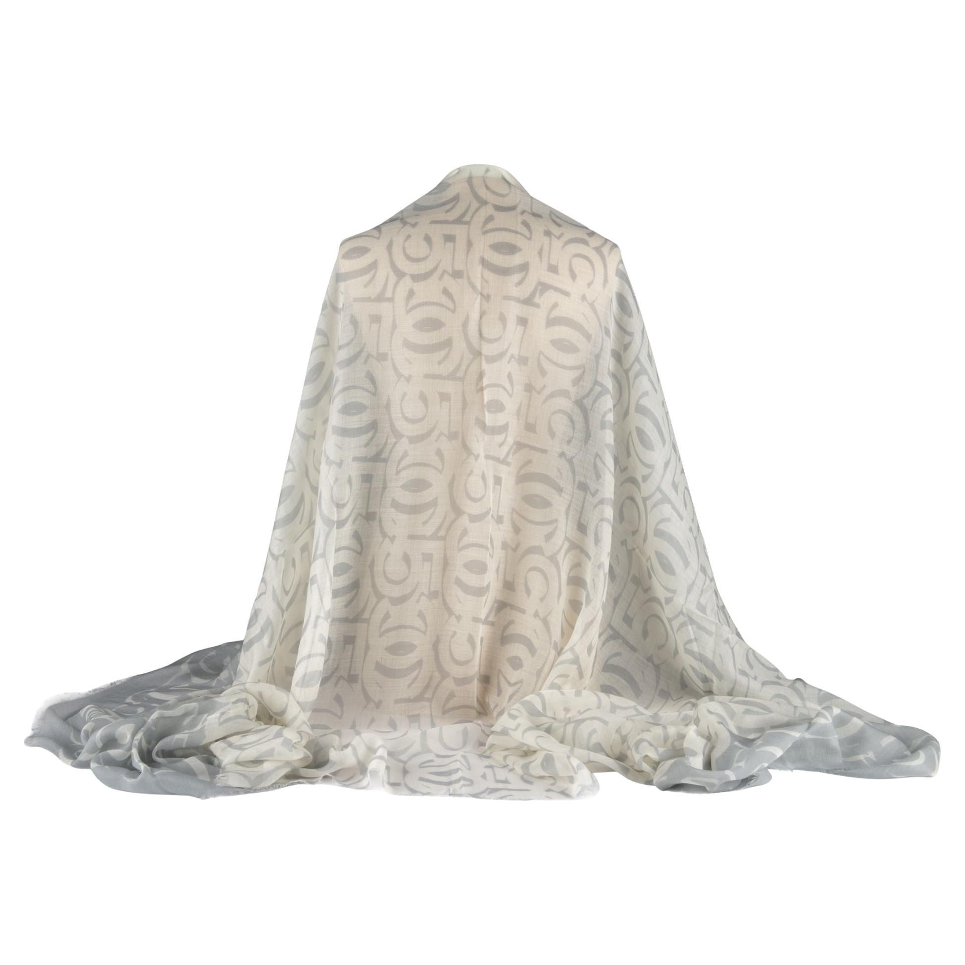 Chanel White Grey Logo CC Cashmere Shawl