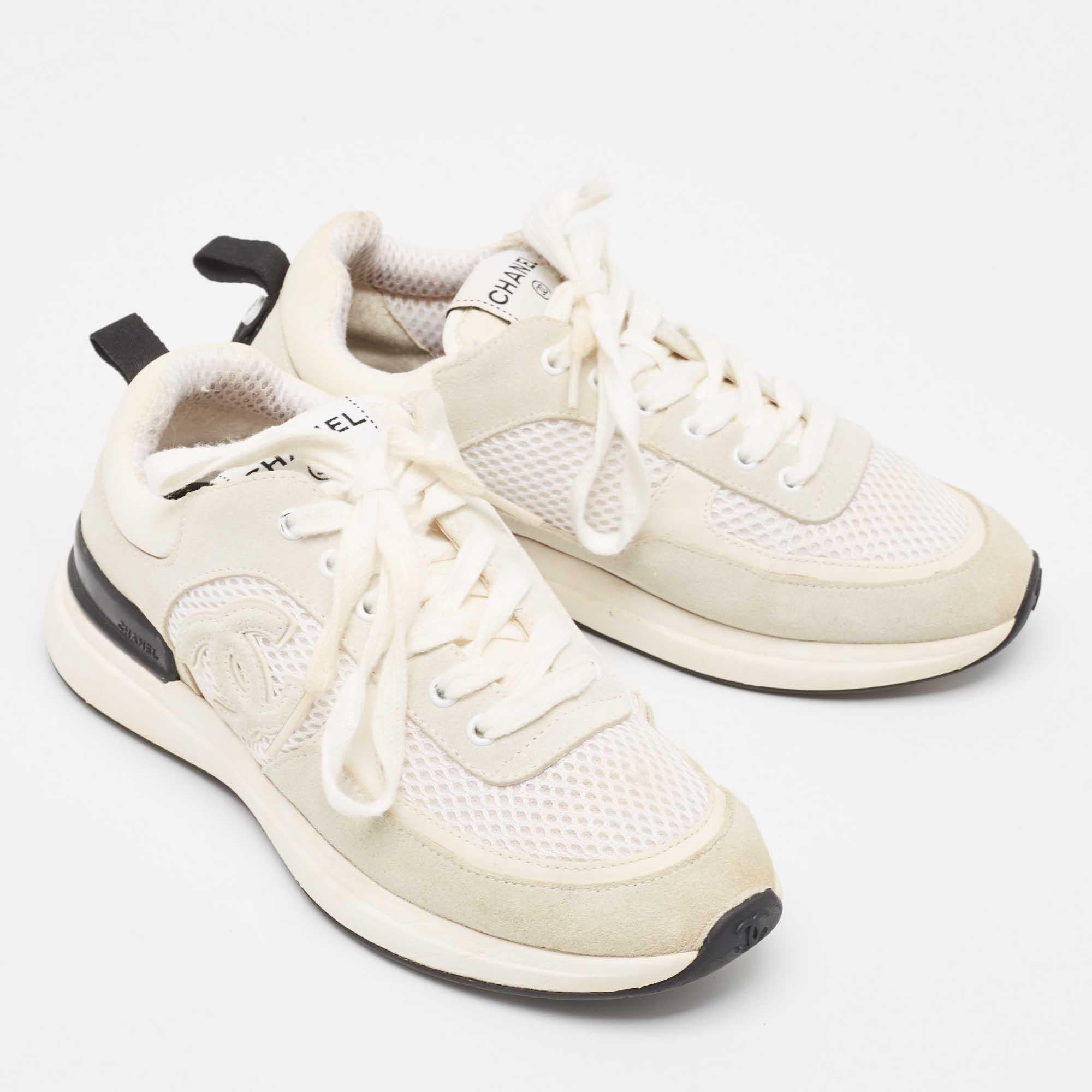 Women's Chanel White/Grey Mesh and Suede CC Low Top Sneakers Size 35