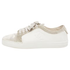 Chanel White/Grey Rubber and Velvet CC Low Top Sneakers Size 40.5