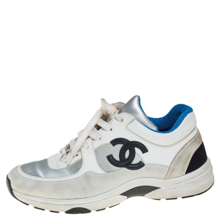 Chanel White/Grey Suede, Leather And Fabric CC Low-Top Sneakers