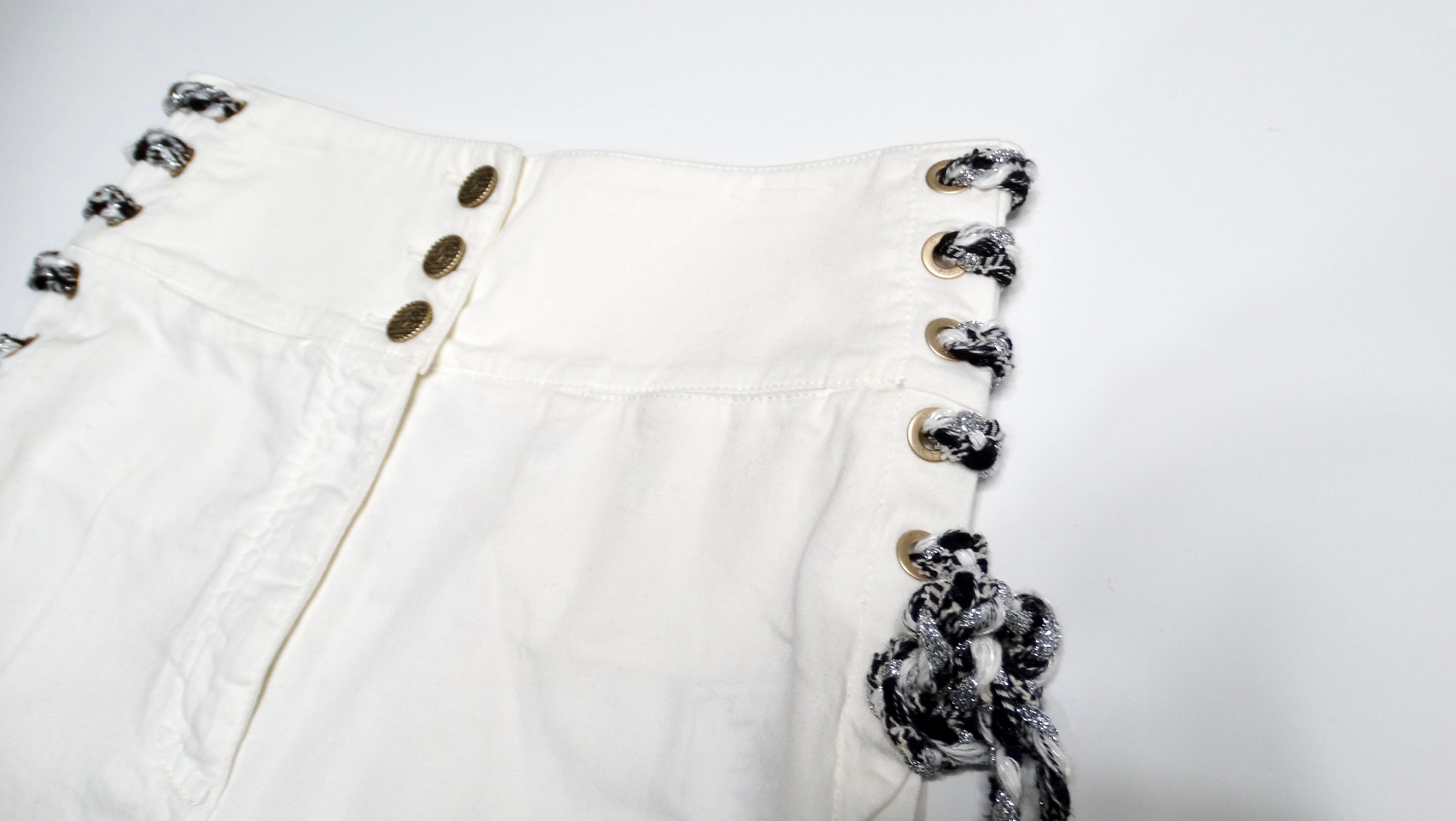 Gray Chanel White High-Waisted Cotton Stretch Denim Shorts With Lace Up Braid Detail For Sale