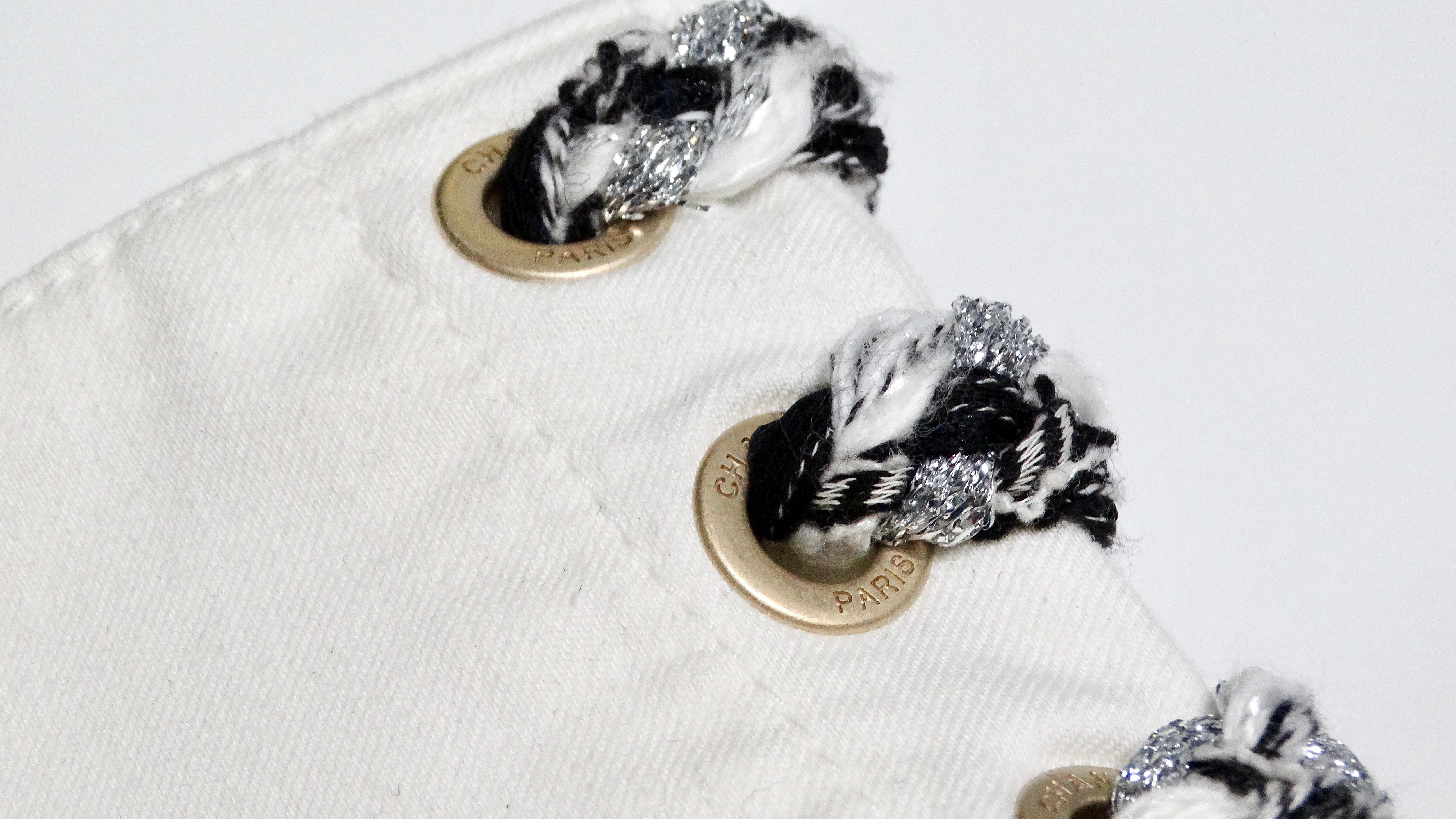 Chanel White High-Waisted Cotton Stretch Denim Shorts With Lace Up Braid Detail In Good Condition For Sale In Scottsdale, AZ