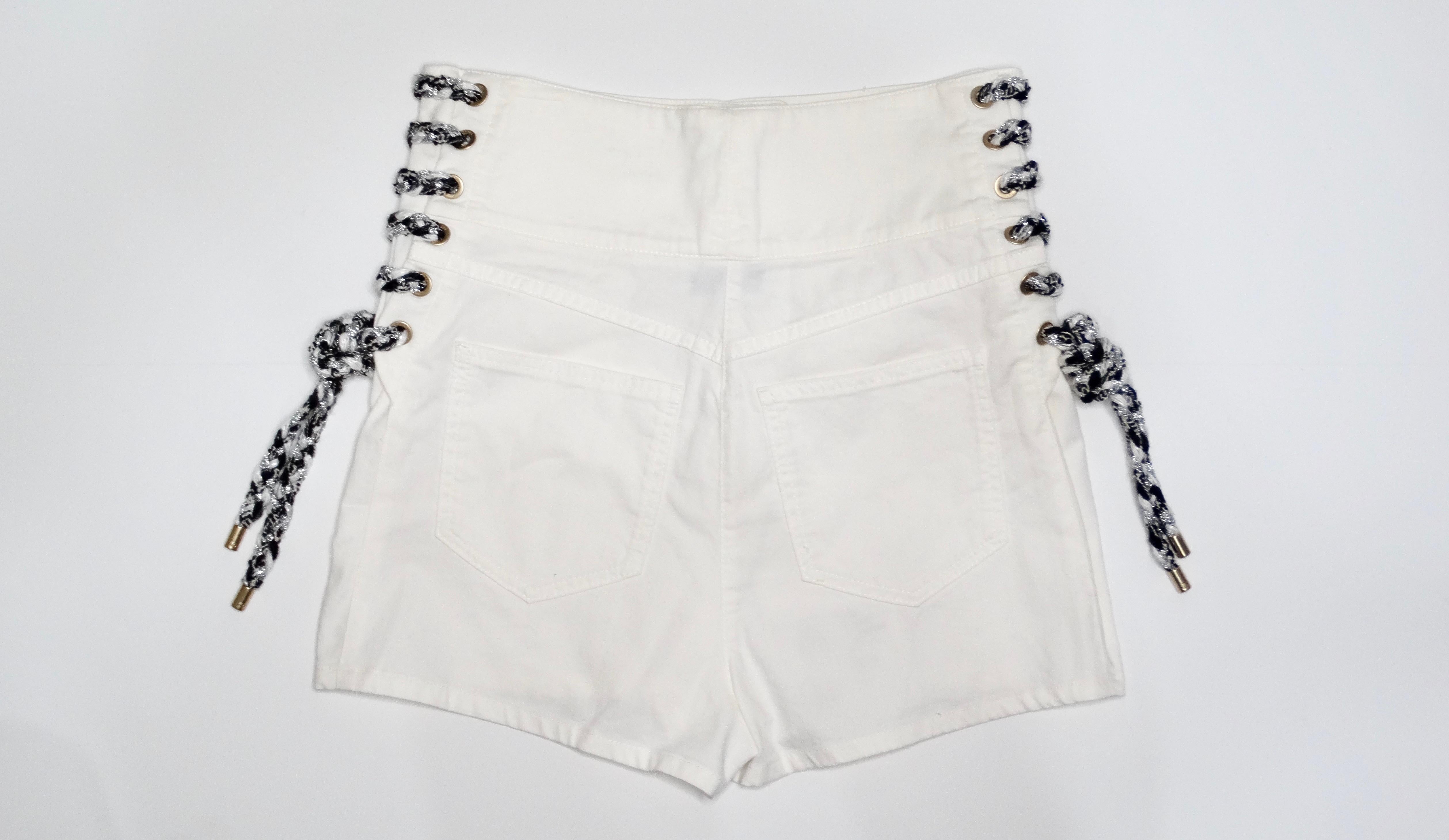 Women's Chanel White High-Waisted Cotton Stretch Denim Shorts With Lace Up Braid Detail For Sale