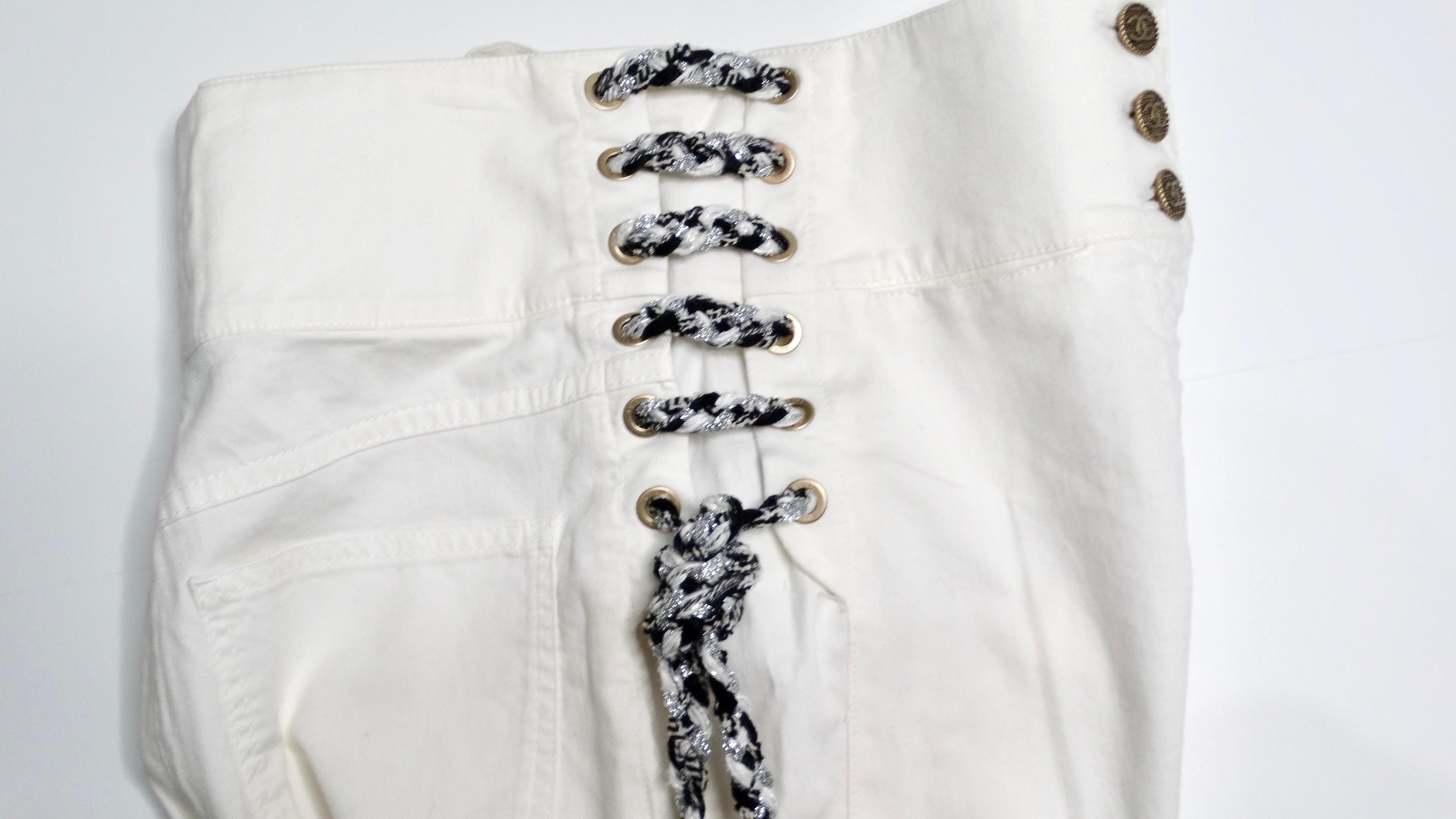 Chanel White High-Waisted Cotton Stretch Denim Shorts With Lace Up Braid Detail For Sale 1
