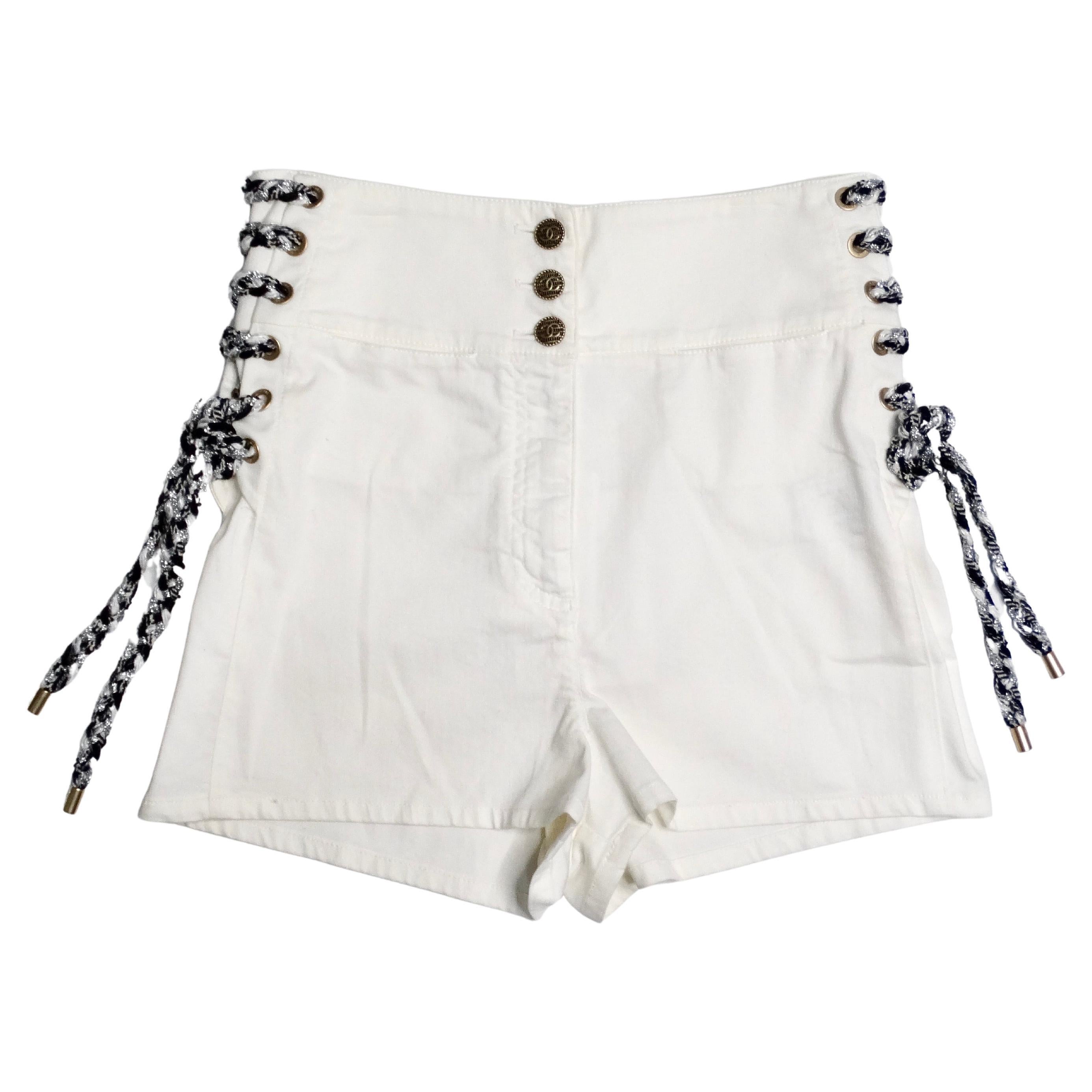Chanel White High-Waisted Cotton Stretch Denim Shorts With Lace Up Braid Detail For Sale
