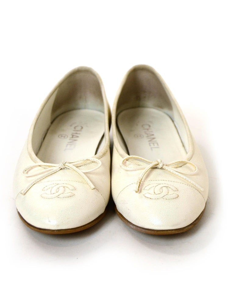 Chanel White Iridescent Caviar Leather Cap Toe CC Ballerina Flats sz 39 ...