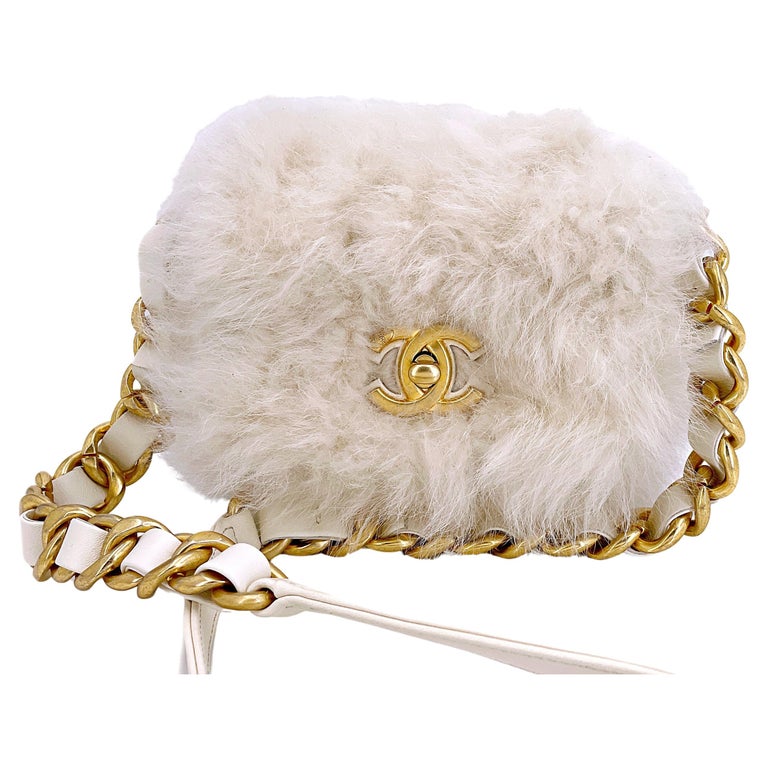 Chanel White Ivory Fur Mini Crossbody Flap Bag Chunky Chain 67242
