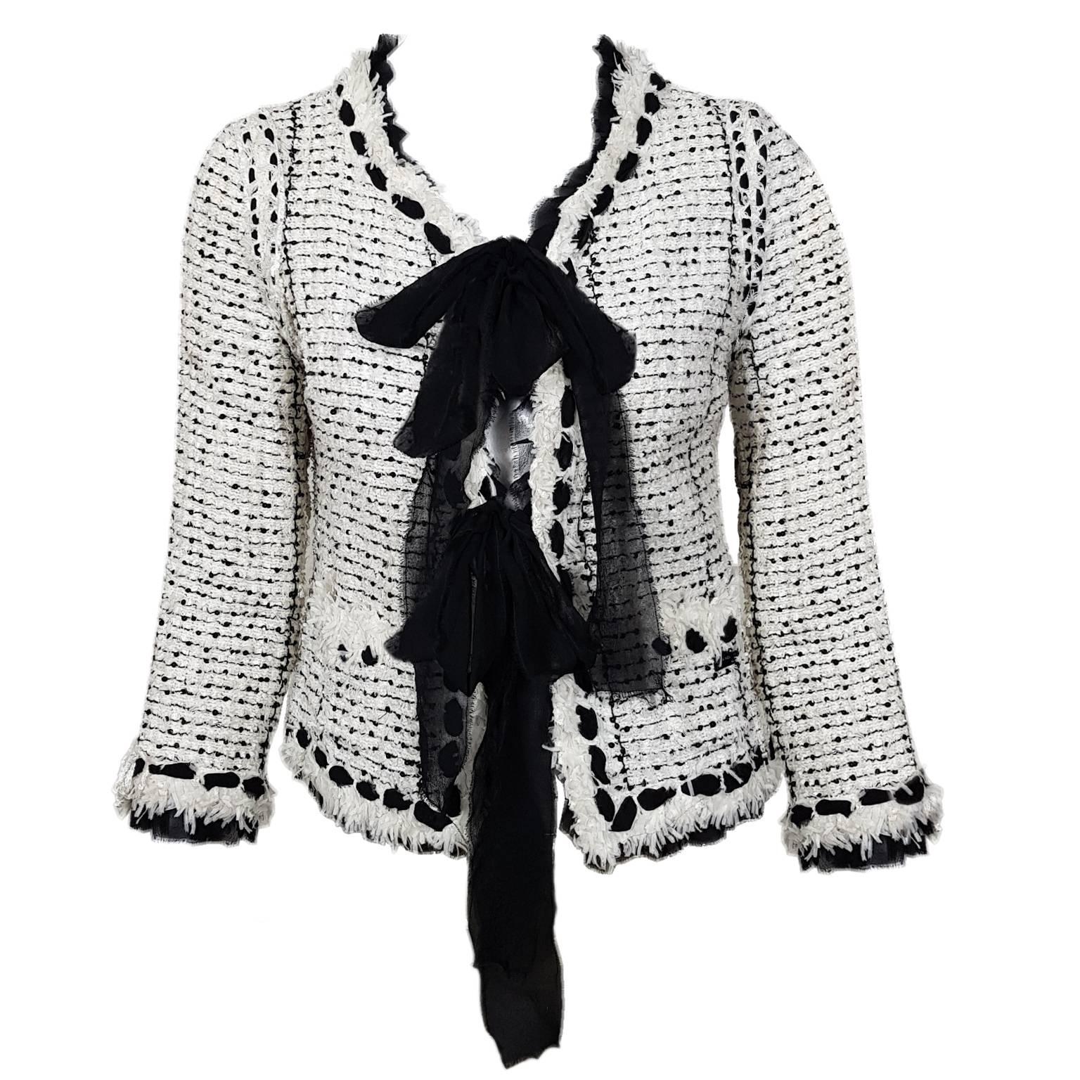 Chanel White Jacket Black Chiffon and Sequins S/S 2005 at 1stDibs