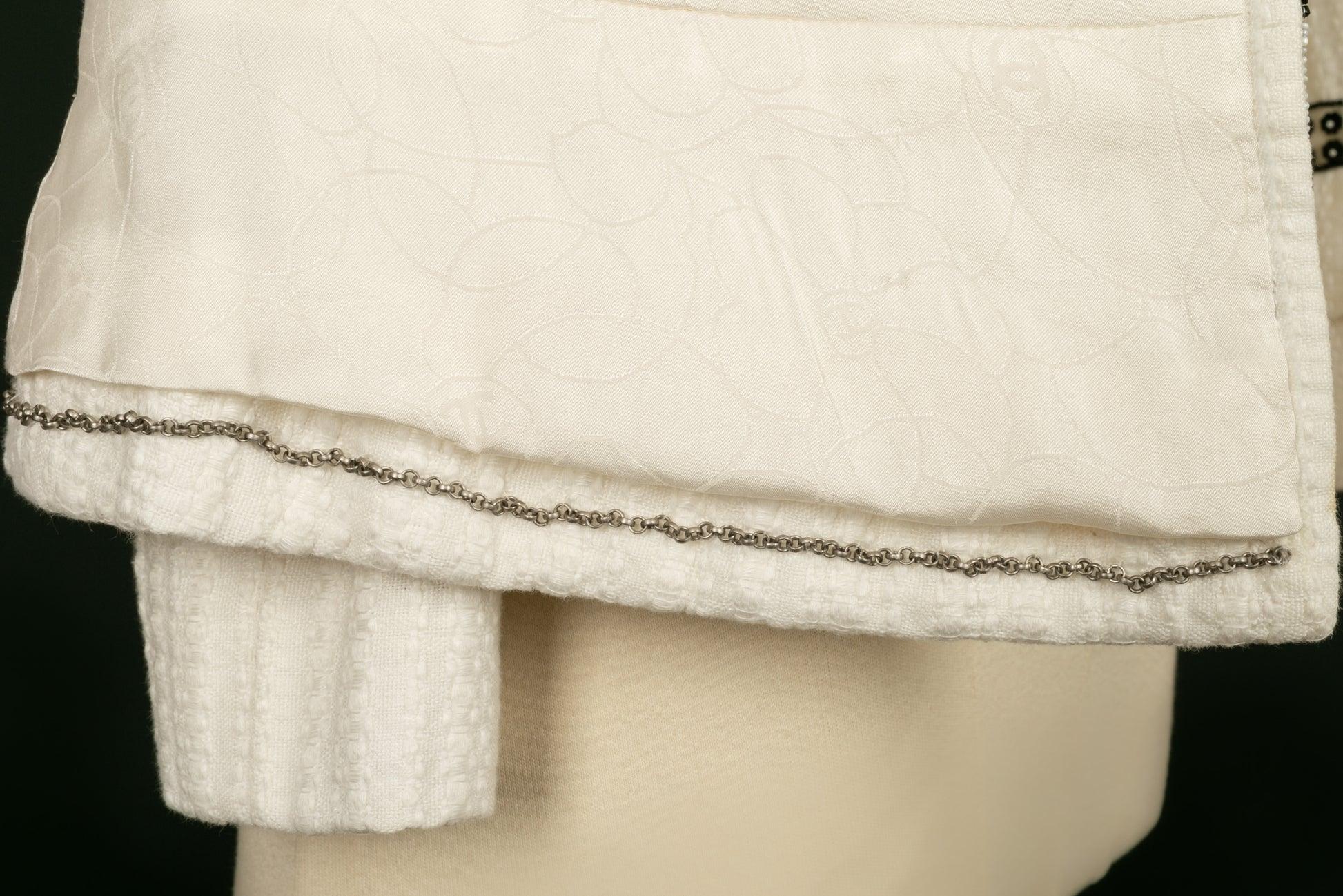 Chanel Weiße Jacke aus Baumwolle und Leinen mit Perlen und Pailletten, 2003 2