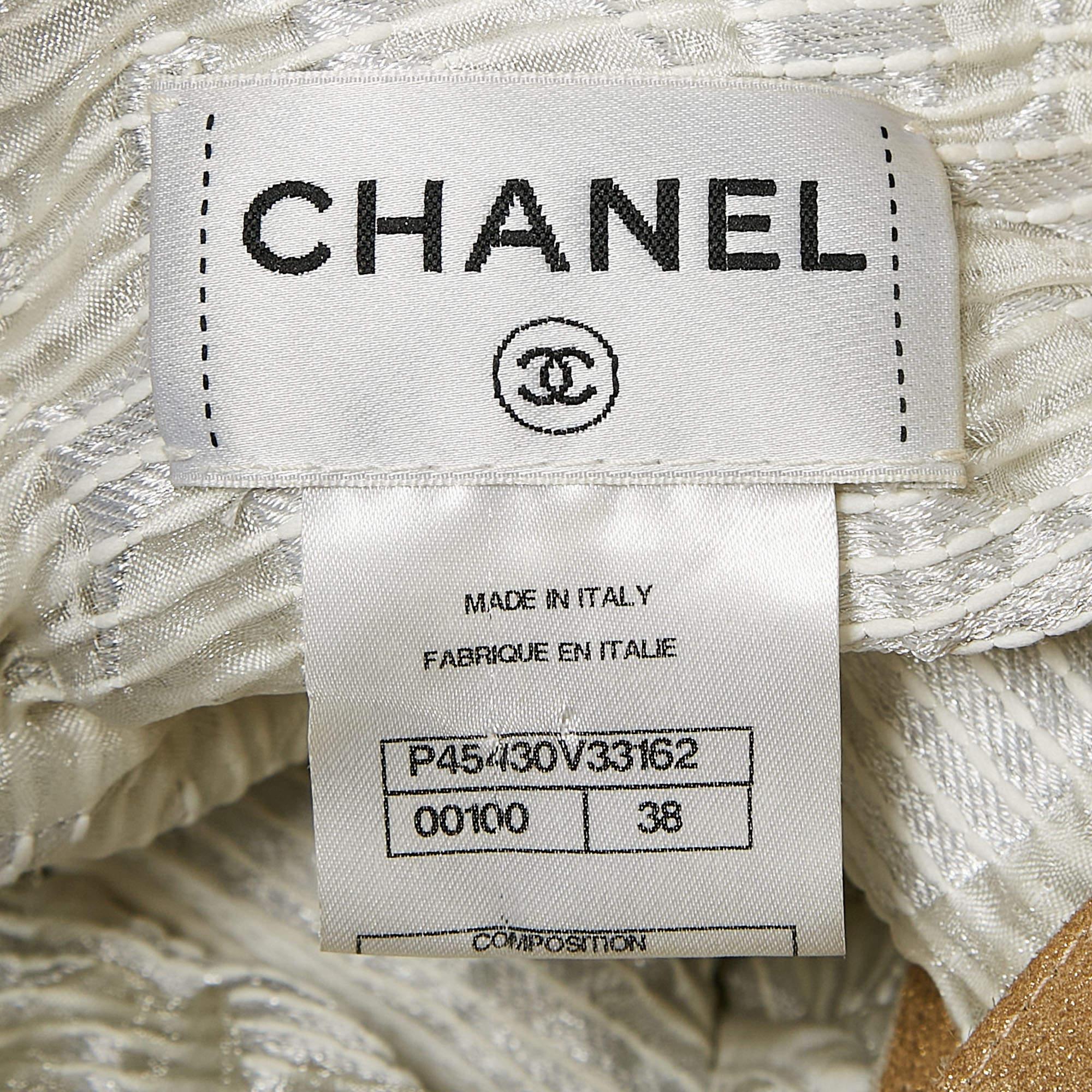 Women's Chanel White Jacquard Golden Suede Trim Mini Wrap Dress M For Sale