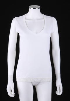 CHANEL White Knit Signature Lace Hem Extended Shoulder V Neck Tee Shirt Top