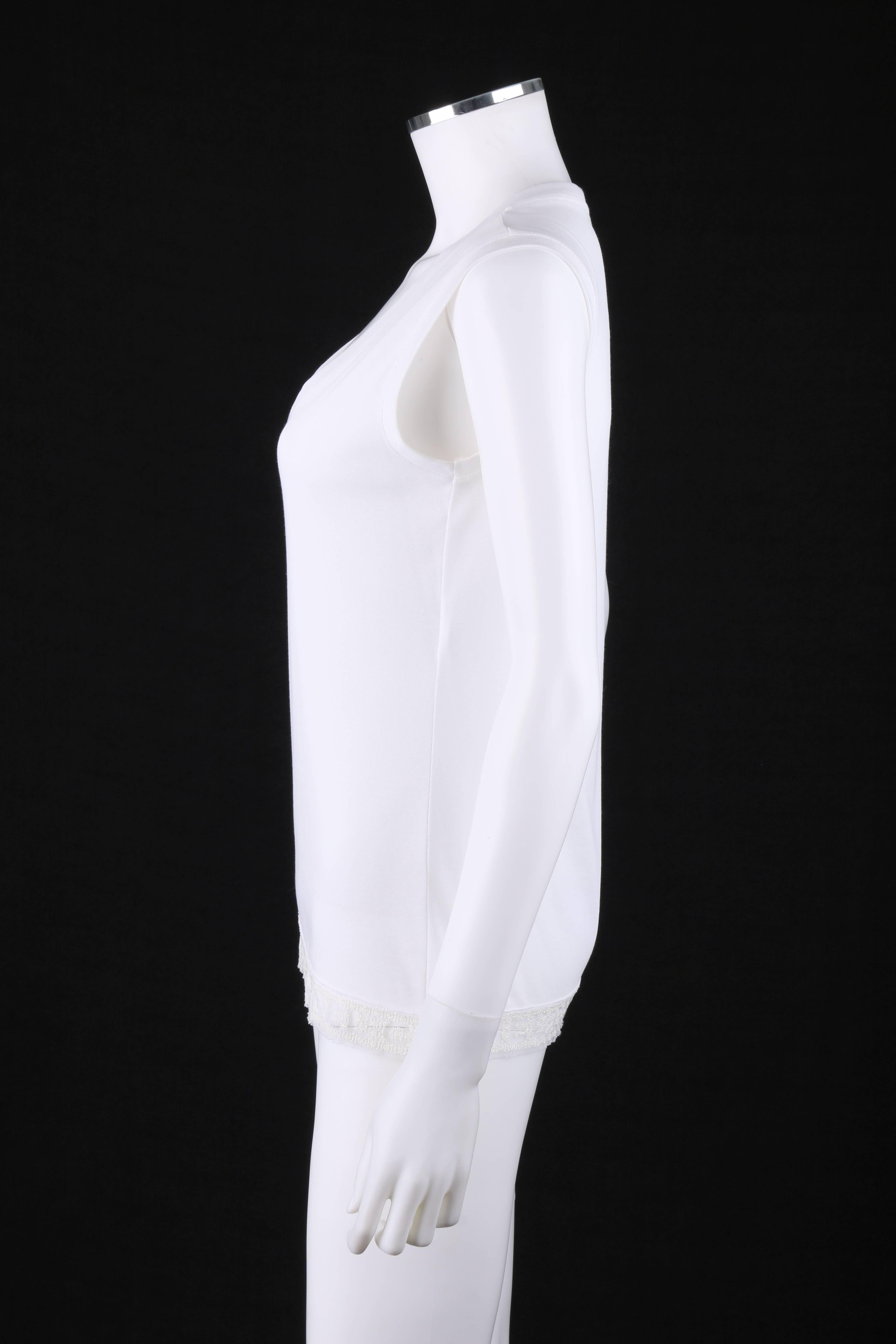 Women's CHANEL White Knit Signature Lace Hem Extended Shoulder V Neck Tee Shirt Top 