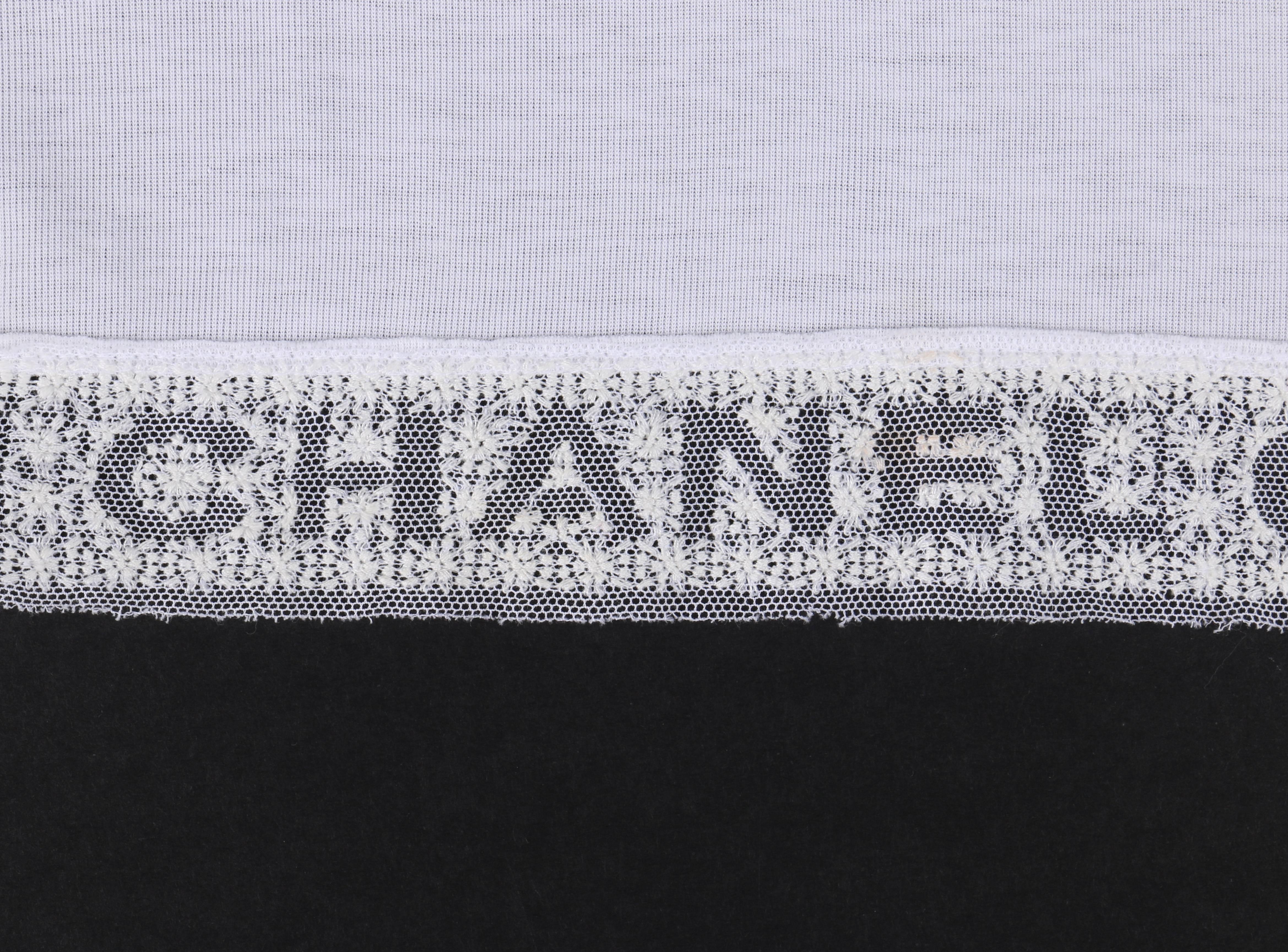 CHANEL White Knit Signature Lace Hem Extended Shoulder V Neck Tee Shirt Top  1