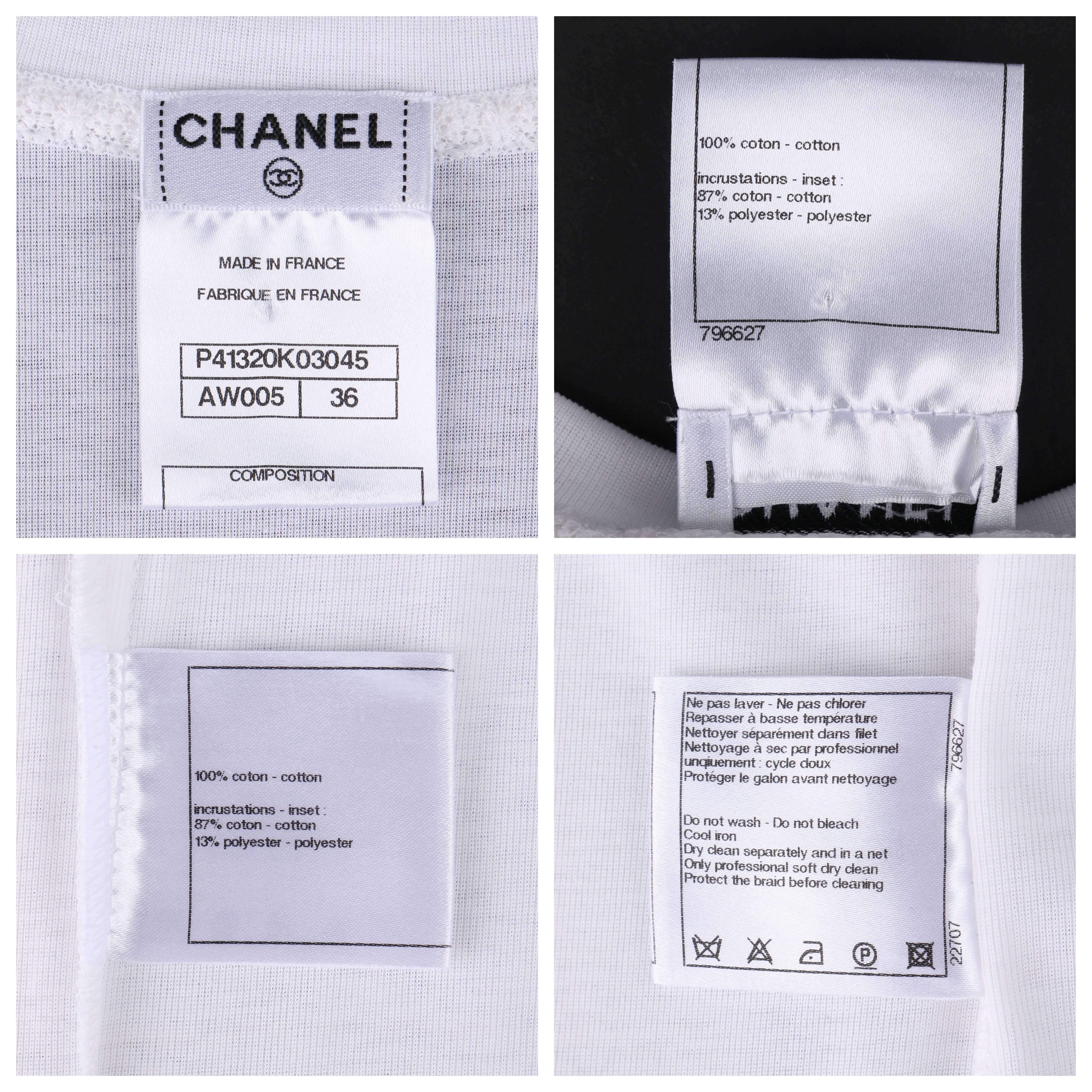 CHANEL White Knit Signature Lace Hem Extended Shoulder V Neck Tee Shirt Top  2