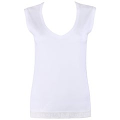 CHANEL White Knit Signature Lace Hem Extended Shoulder V Neck Tee Shirt Top