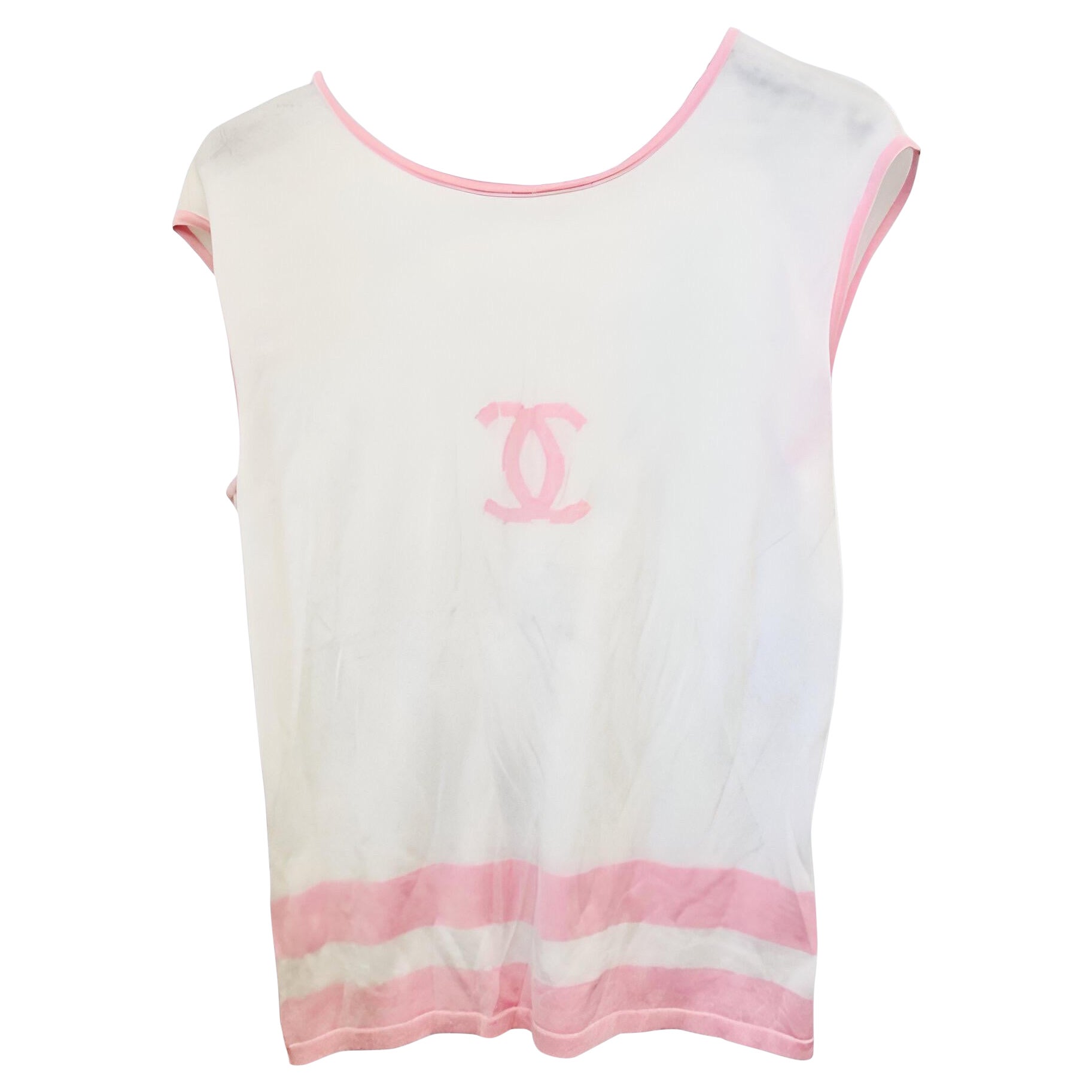 Chanel top blanco de punto de algodón sin mangas con logotipo CC rosa