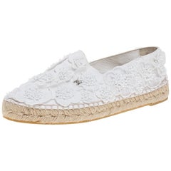 Chanel White Lace and Canvas CC Camellia Espadrille Flats Size 37