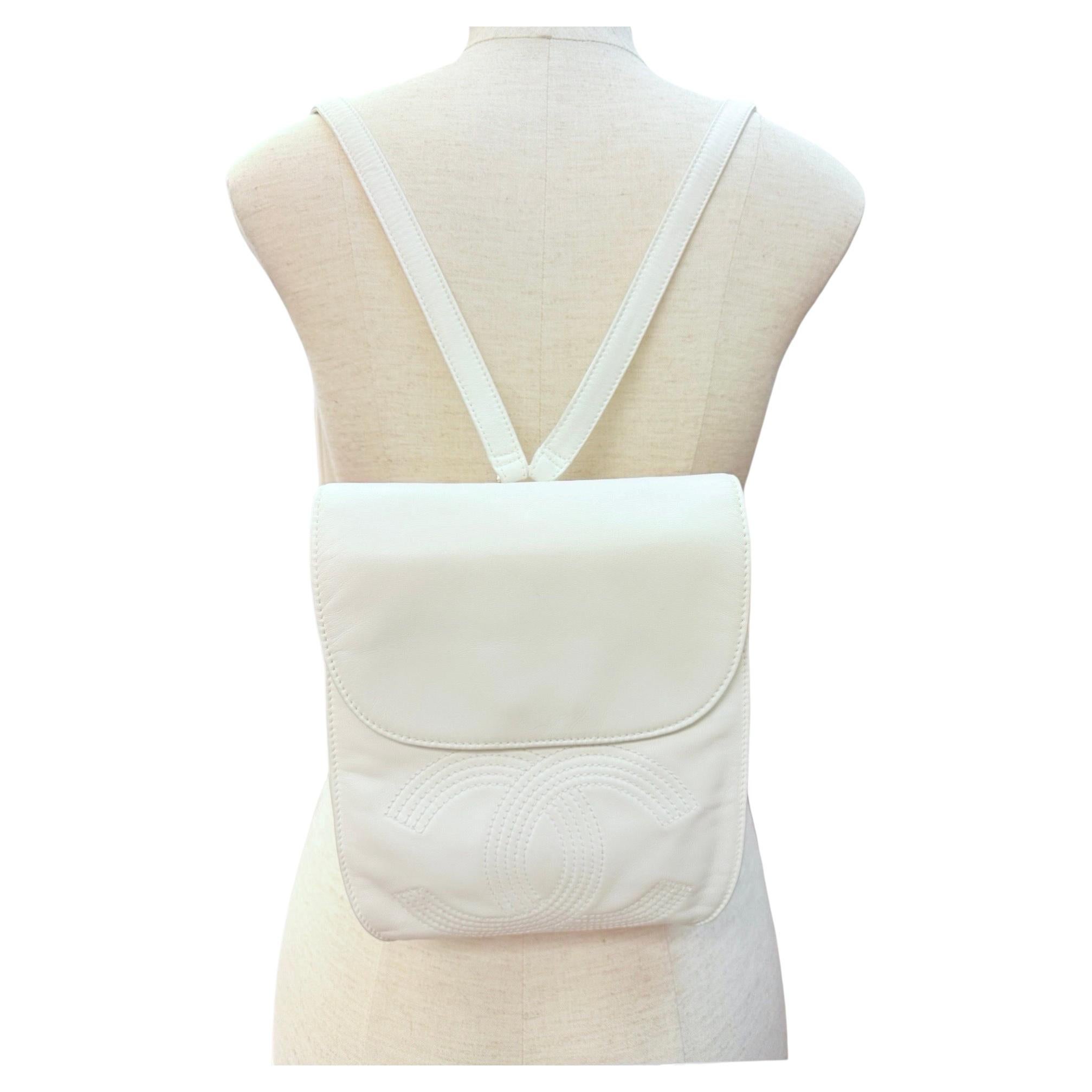 Chanel white lambskin CC stitching backpack For Sale