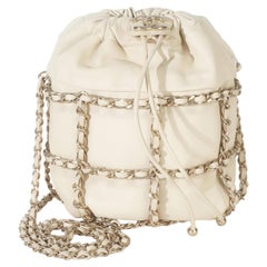 Chanel White Lambskin Chain Frame Drawstring Bucket Bag