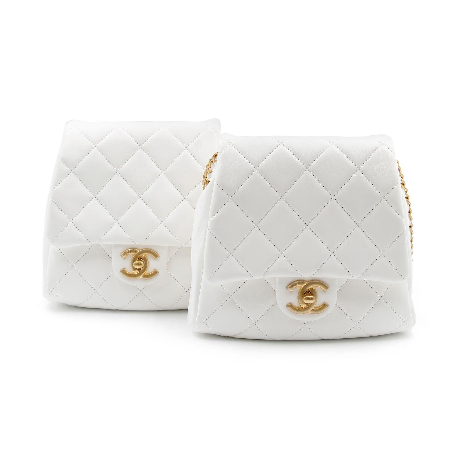 Beige Chanel White Lambskin Gold Tone Metal Side Packs Cross-body Bags