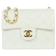 Chanel White Lambskin Leather Quilted Square Mini Flap Classic Bag 