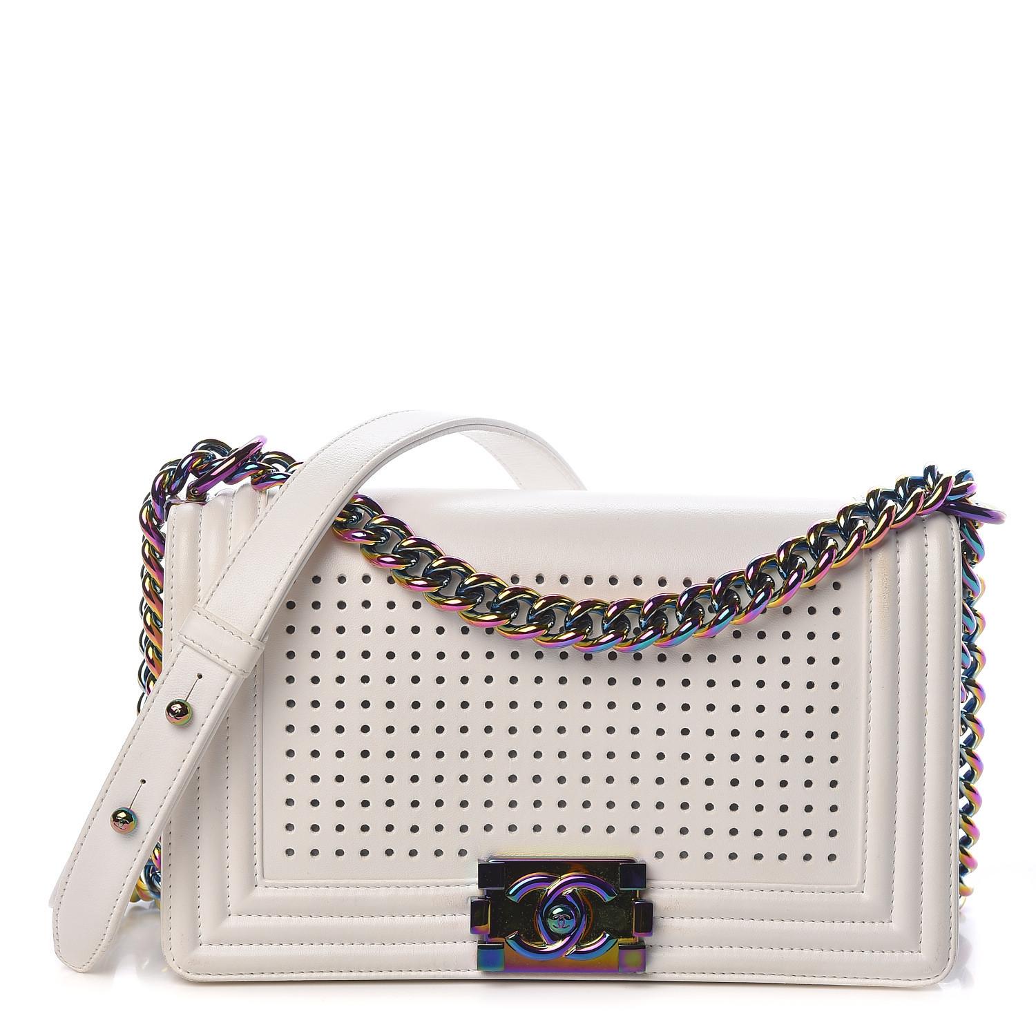 Gray Chanel White Lambskin Led Rainbow Hardware Boy Bag Medium For Sale
