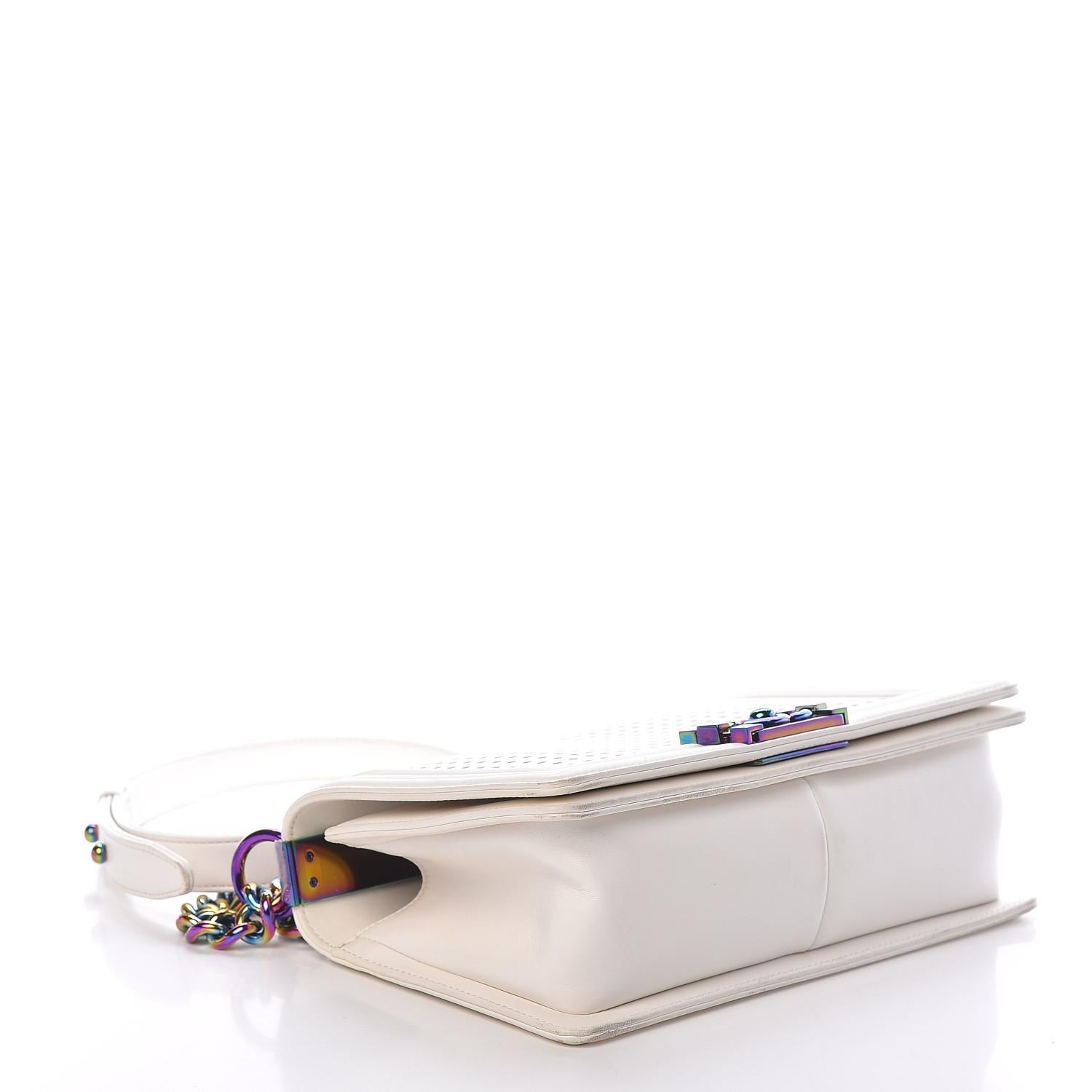Women's Chanel White Lambskin Led Rainbow Hardware Boy Bag Medium For Sale
